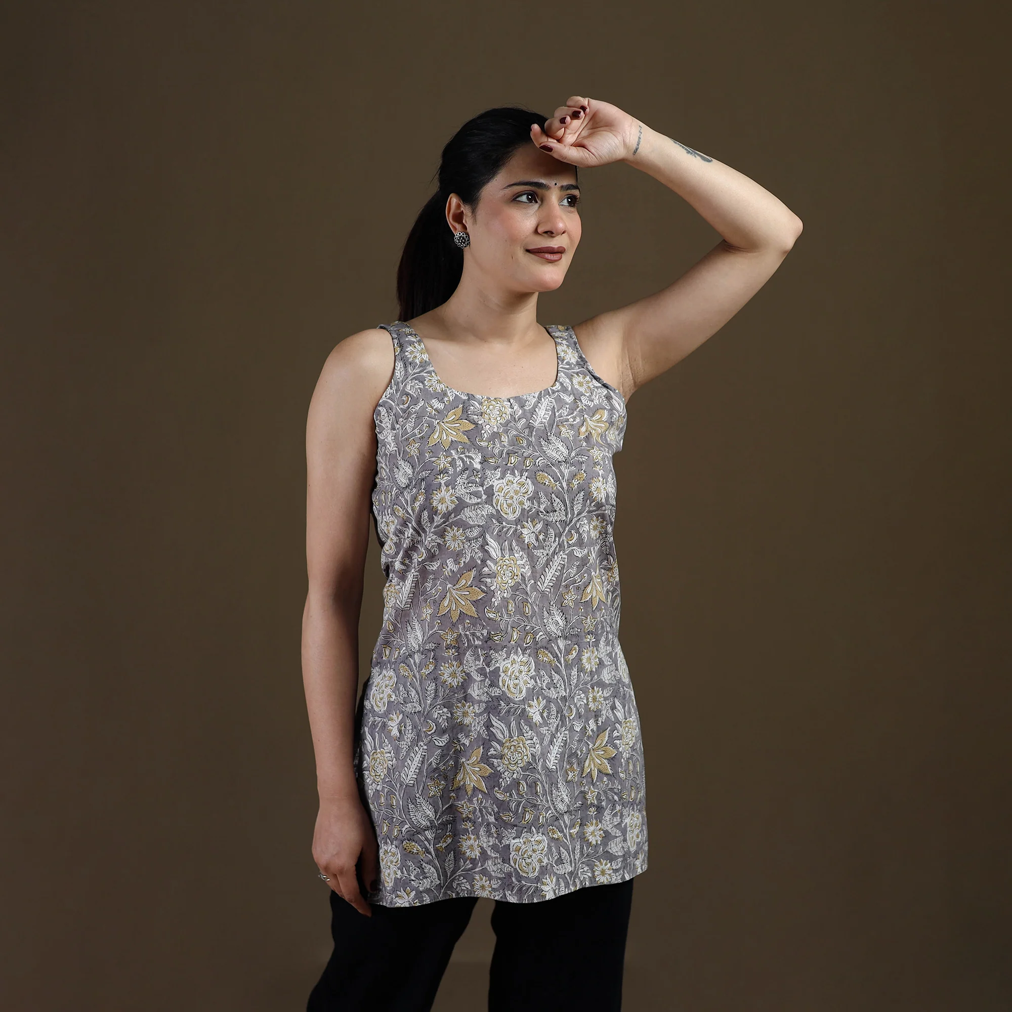 Grey - Sanganeri Hand Block Print Cotton Short Kurta for women 17 - Image 3