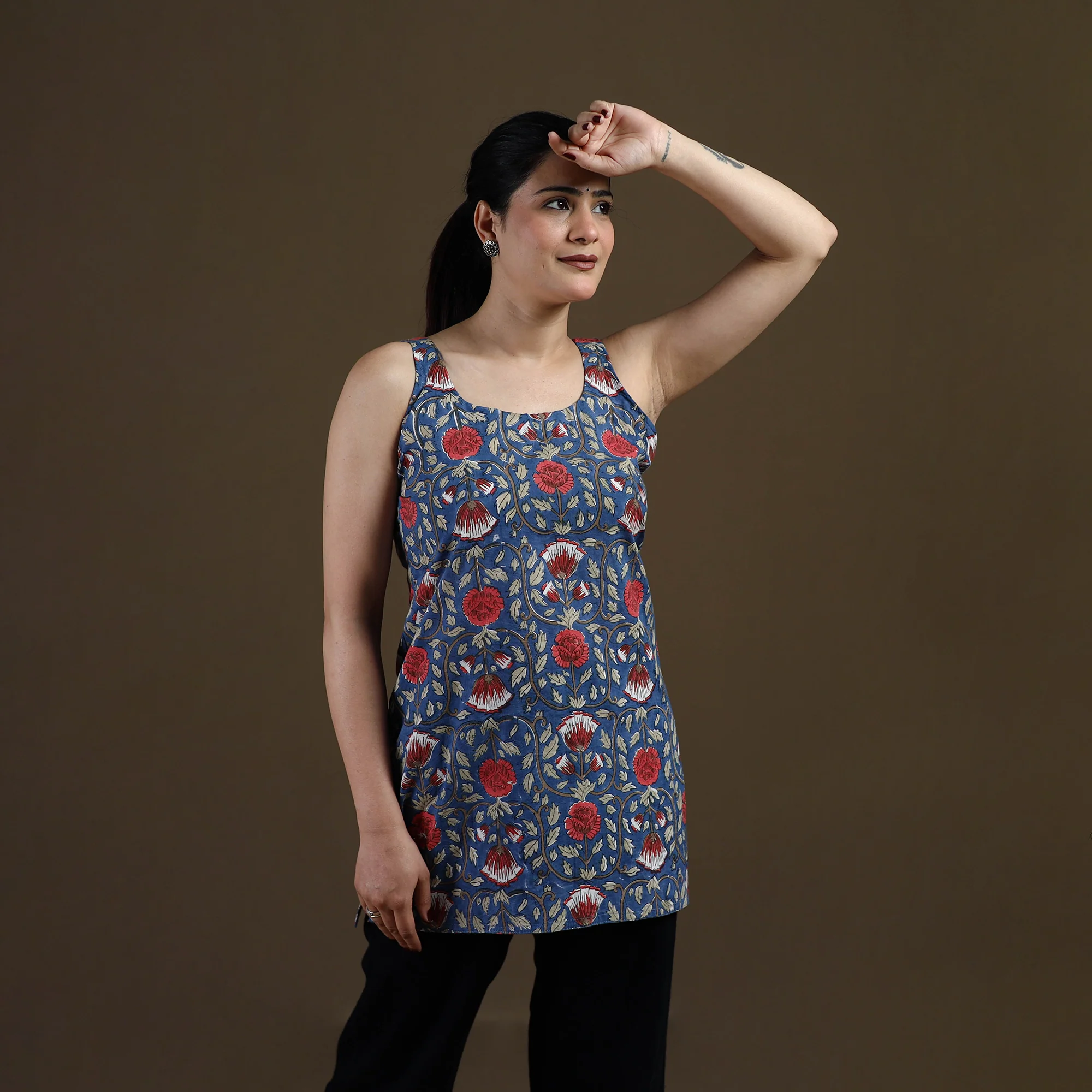 Blue - Sanganeri Hand Block Print Cotton Short Kurta for women 18 - Image 3