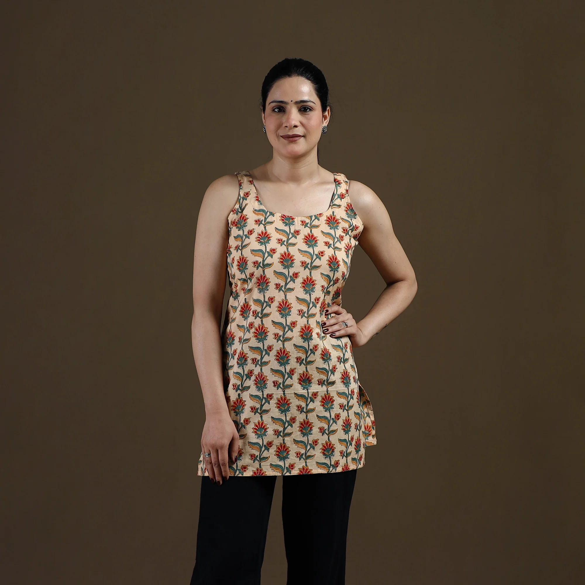 Beige - Sanganeri Hand Block Print Cotton Short Kurta for women 19 - Image 2