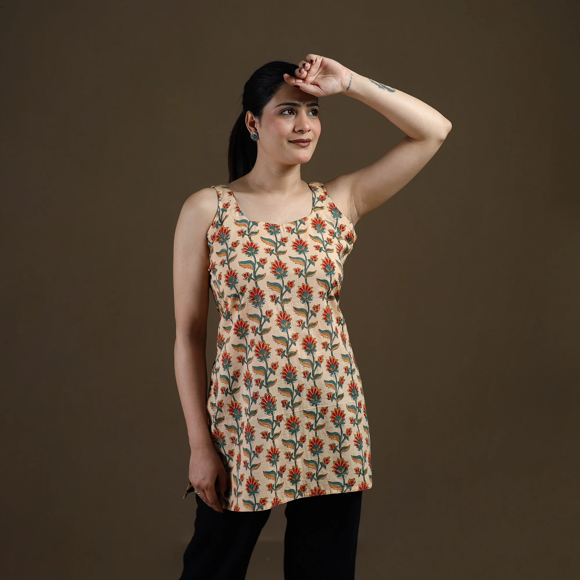 Beige - Sanganeri Hand Block Print Cotton Short Kurta for women 19 - Image 3