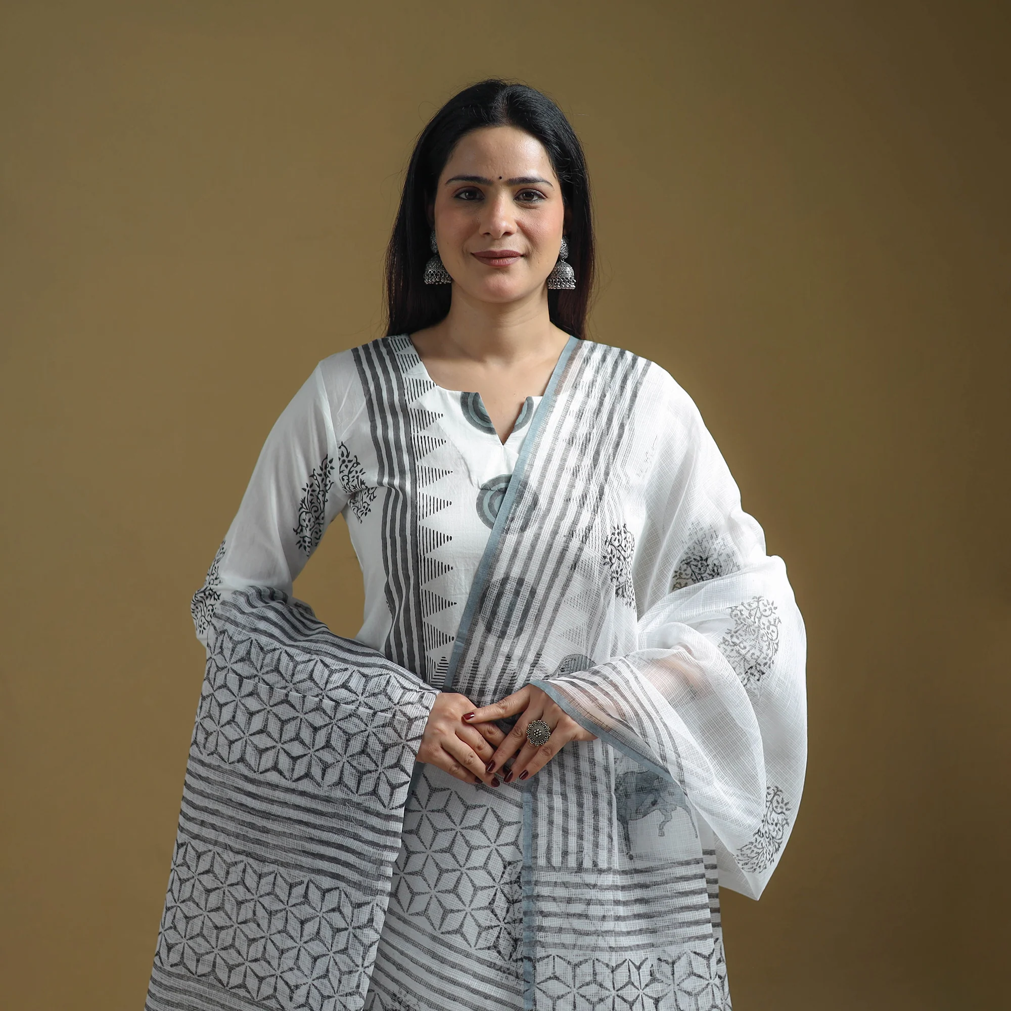 White - Sanganeri Hand Block Print Cotton Suit Set with Dupatta for women 11 - Image 3