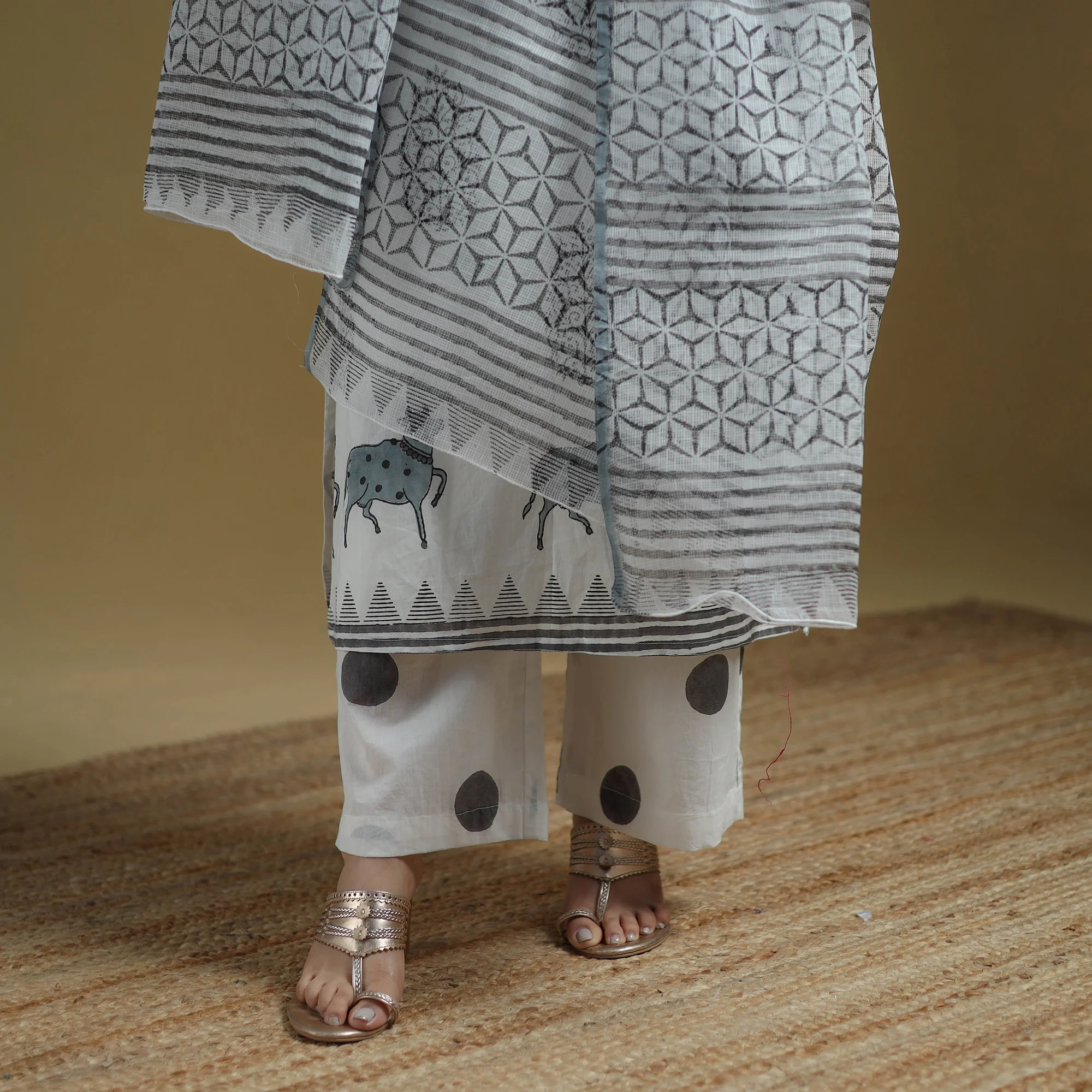 White - Sanganeri Hand Block Print Cotton Suit Set with Dupatta for women 11 - Image 5