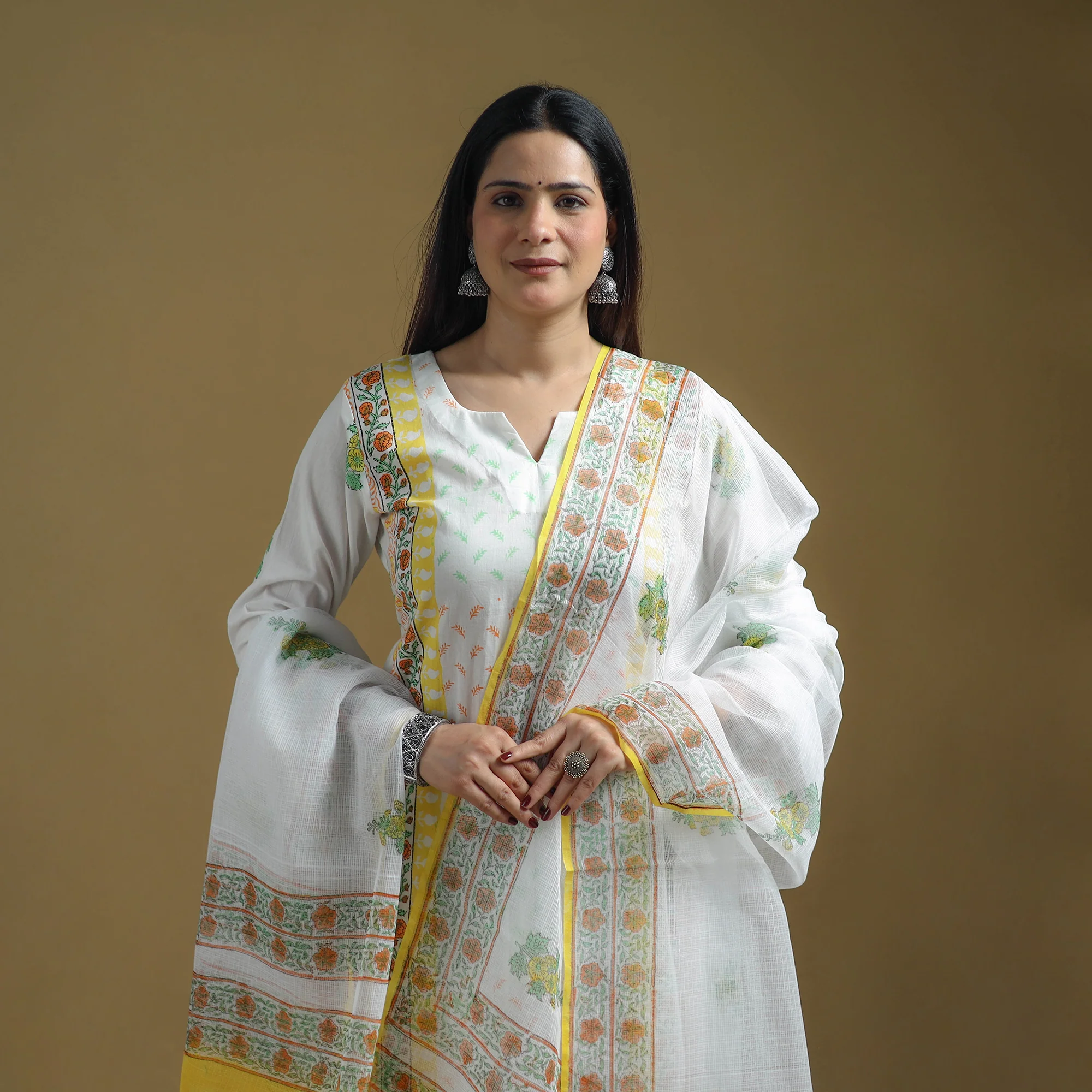 White - Sanganeri Hand Block Print Cotton Suit Set with Dupatta for women 12 - Image 3