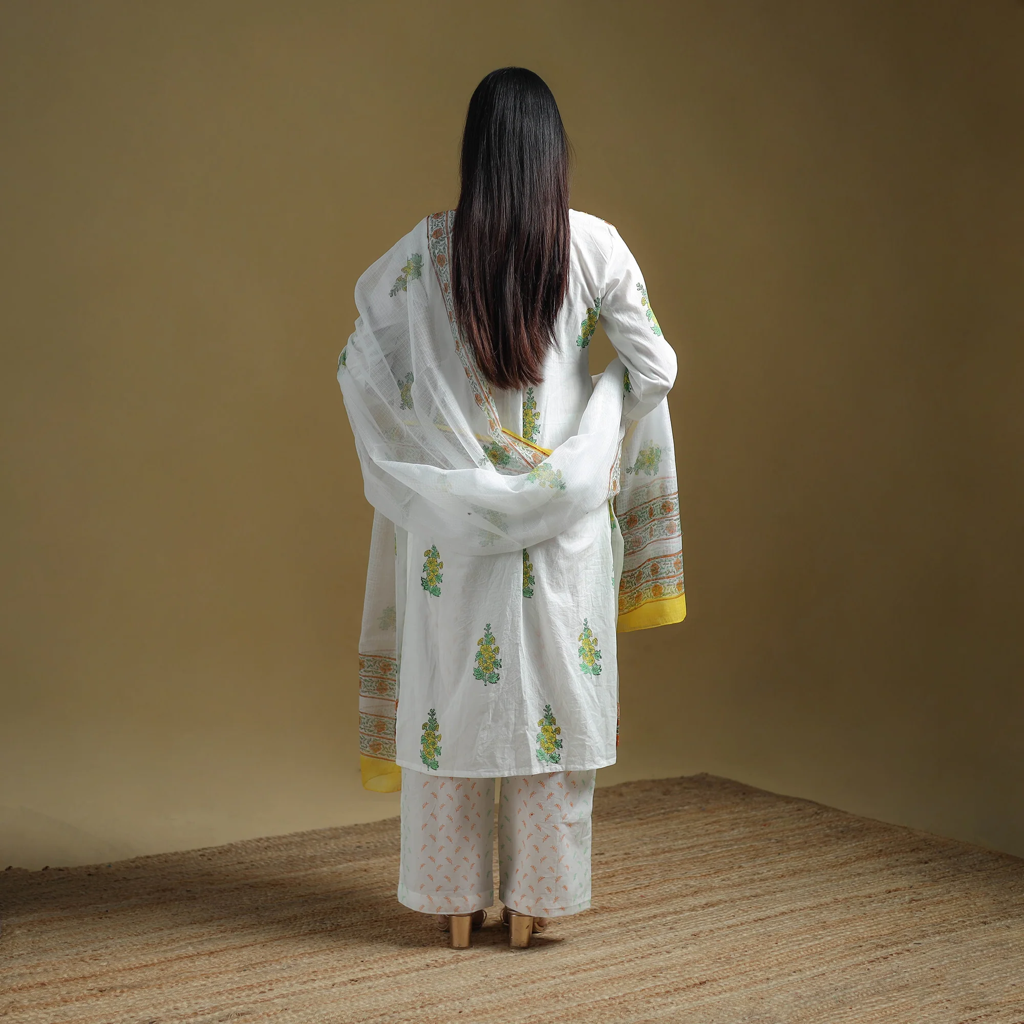 White - Sanganeri Hand Block Print Cotton Suit Set with Dupatta for women 12 - Image 4