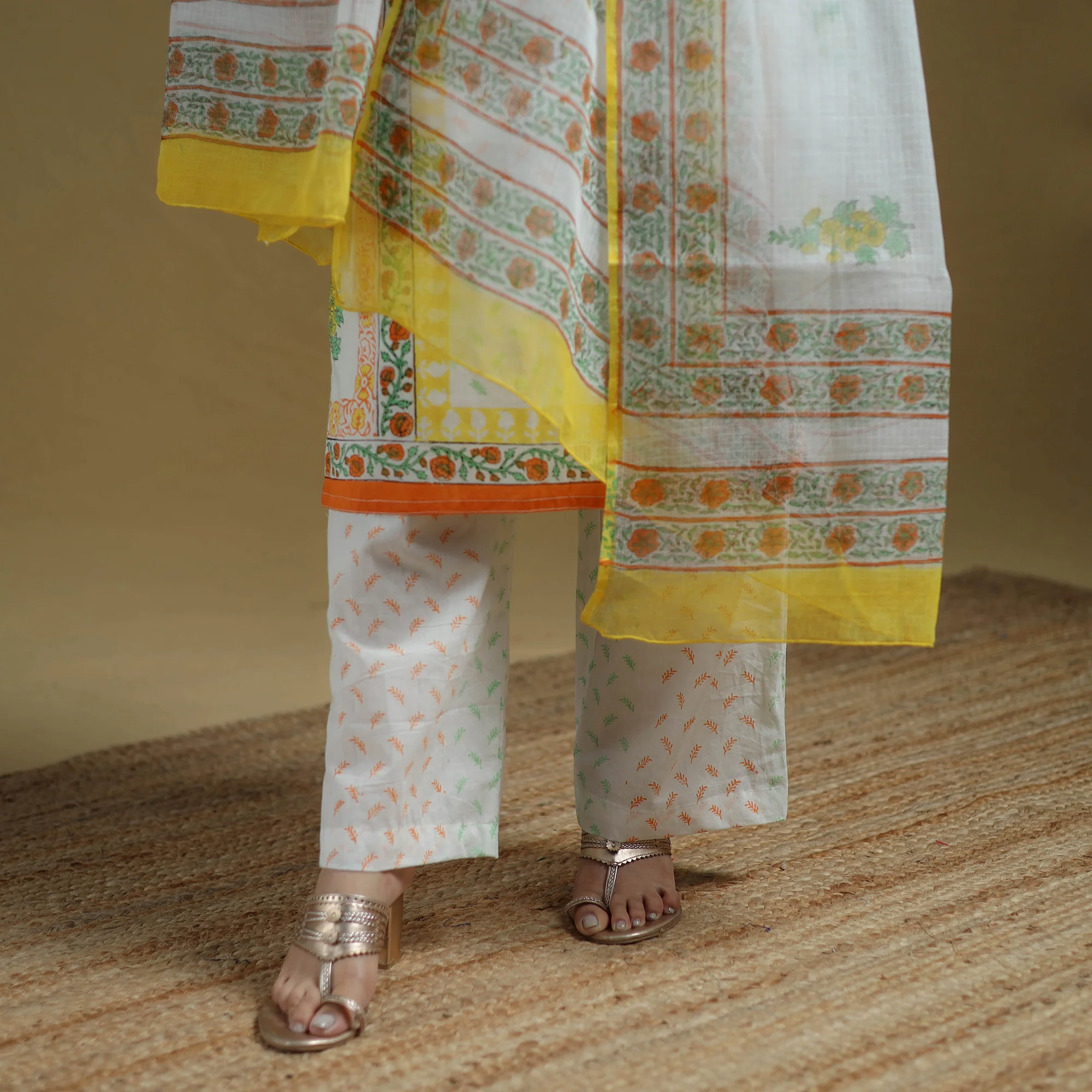 White - Sanganeri Hand Block Print Cotton Suit Set with Dupatta for women 12 - Image 5