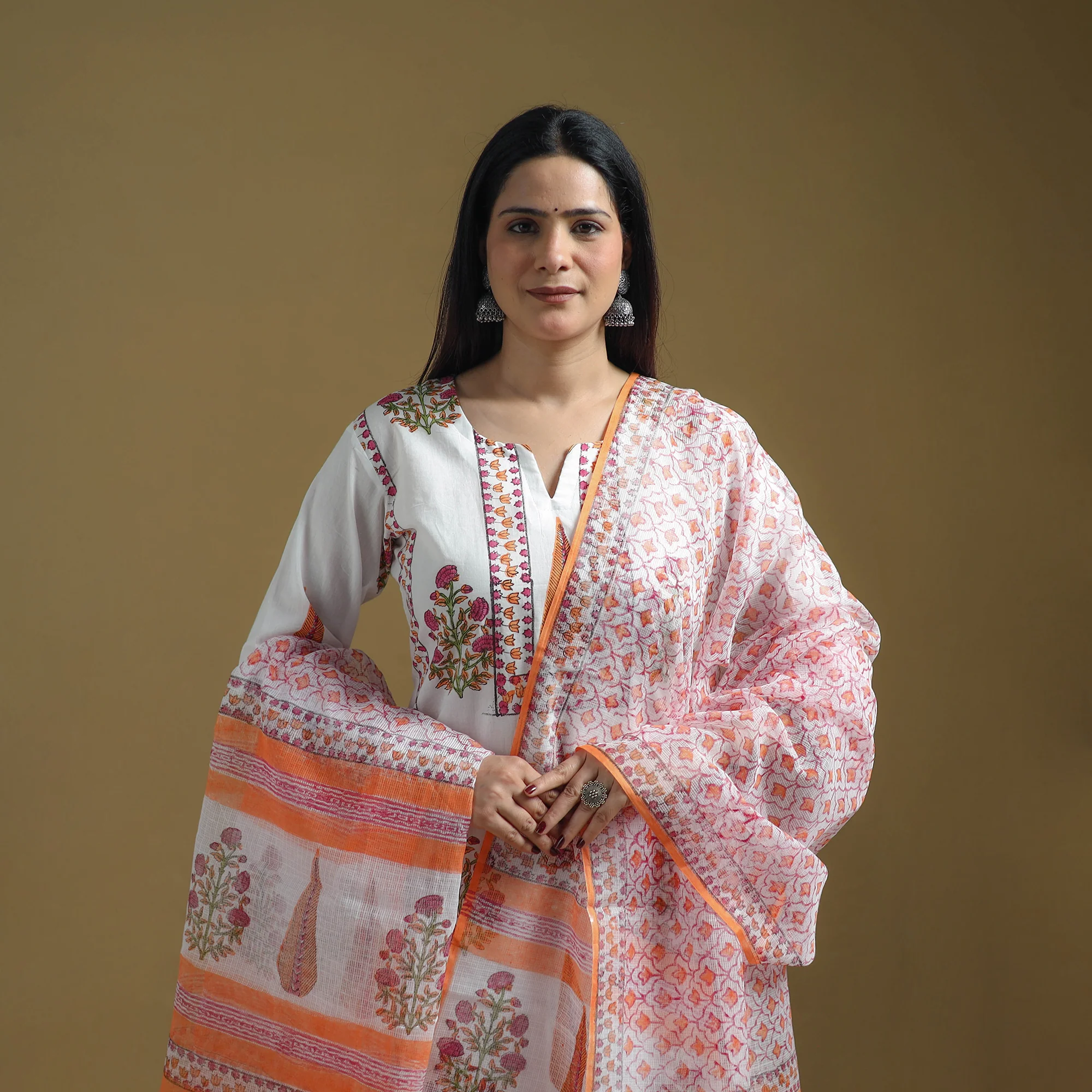 Orange - Sanganeri Hand Block Print Cotton Suit Set with Dupatta for women 13 - Image 3