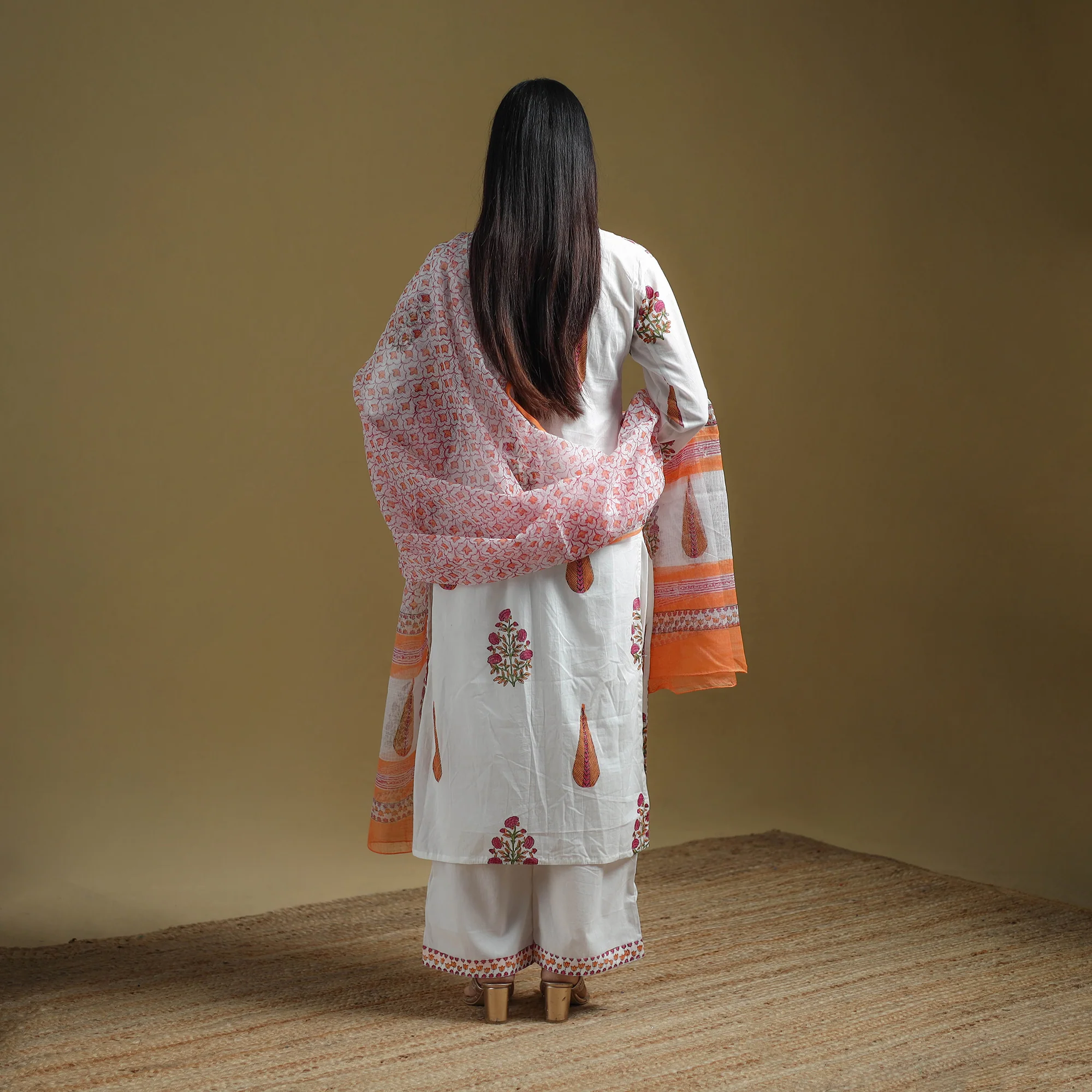 Orange - Sanganeri Hand Block Print Cotton Suit Set with Dupatta for women 13 - Image 4