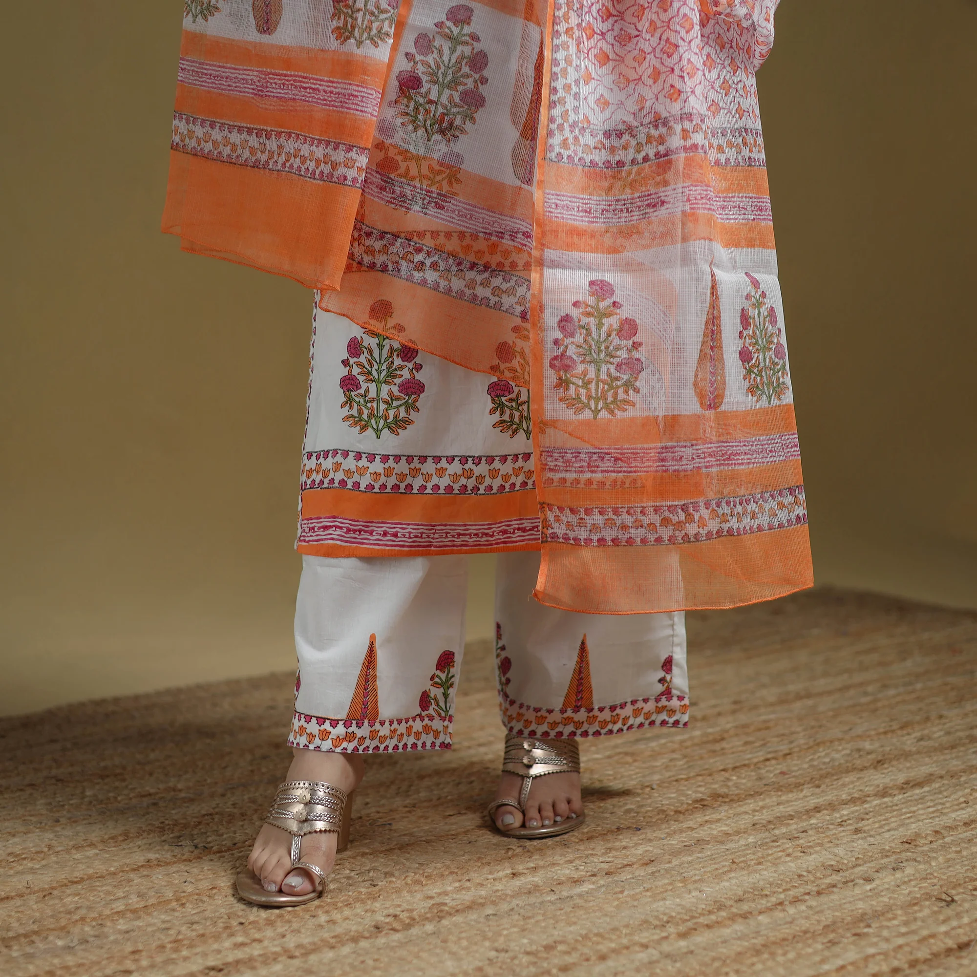 Orange - Sanganeri Hand Block Print Cotton Suit Set with Dupatta for women 13 - Image 5