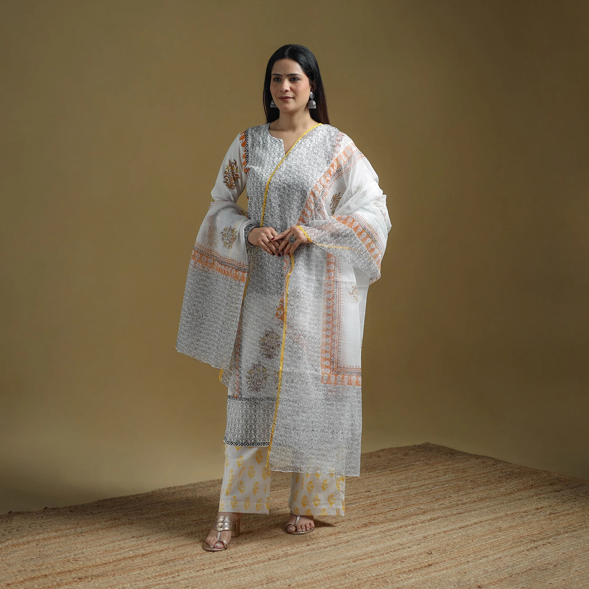 White - Sanganeri Hand Block Print Cotton Suit Set with Dupatta for women 14