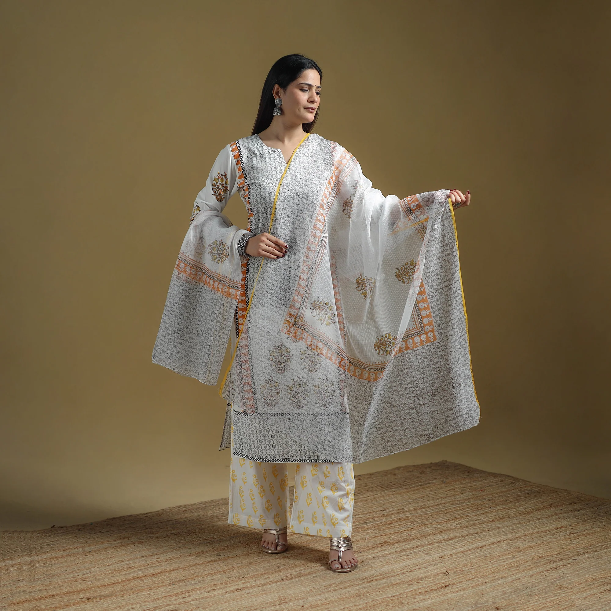 White - Sanganeri Hand Block Print Cotton Suit Set with Dupatta for women 14 - Image 2