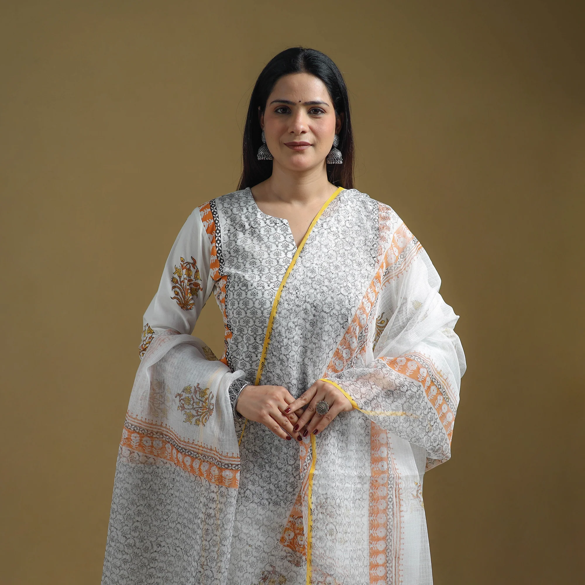 White - Sanganeri Hand Block Print Cotton Suit Set with Dupatta for women 14 - Image 3