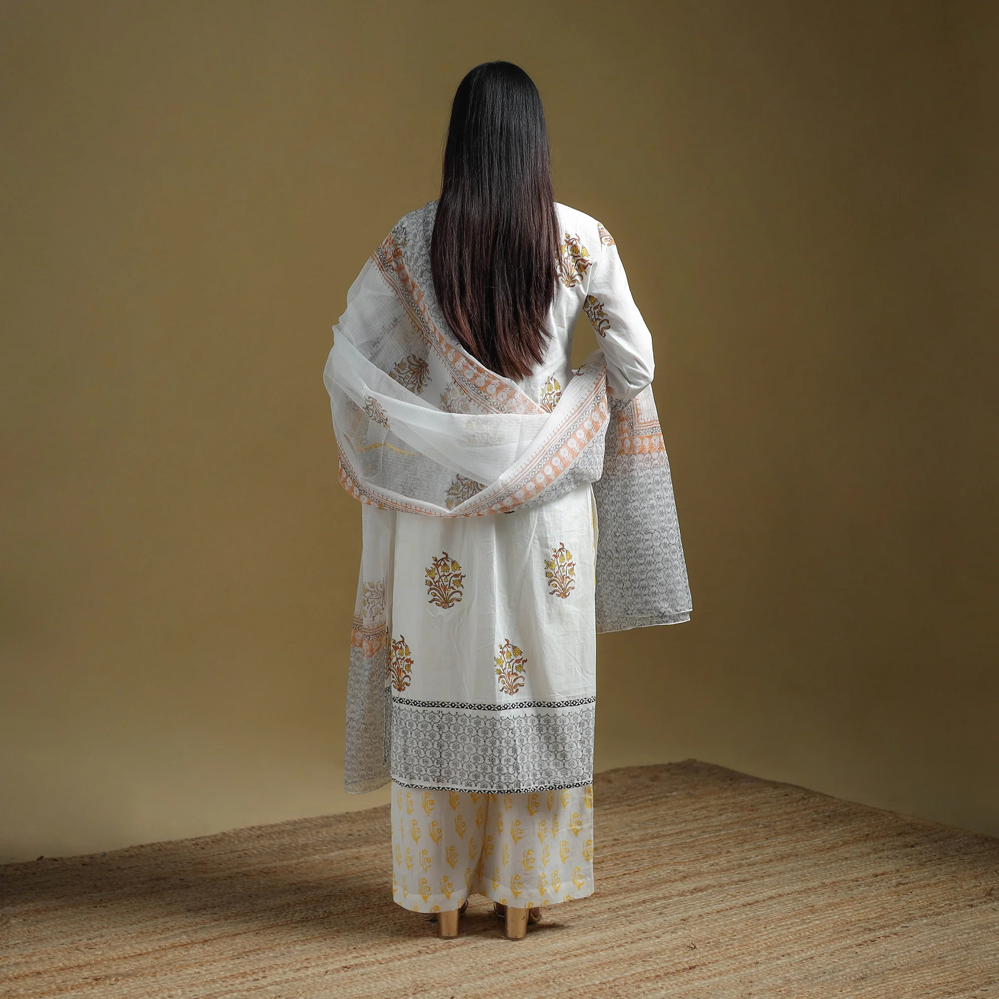 White - Sanganeri Hand Block Print Cotton Suit Set with Dupatta for women 14 - Image 5