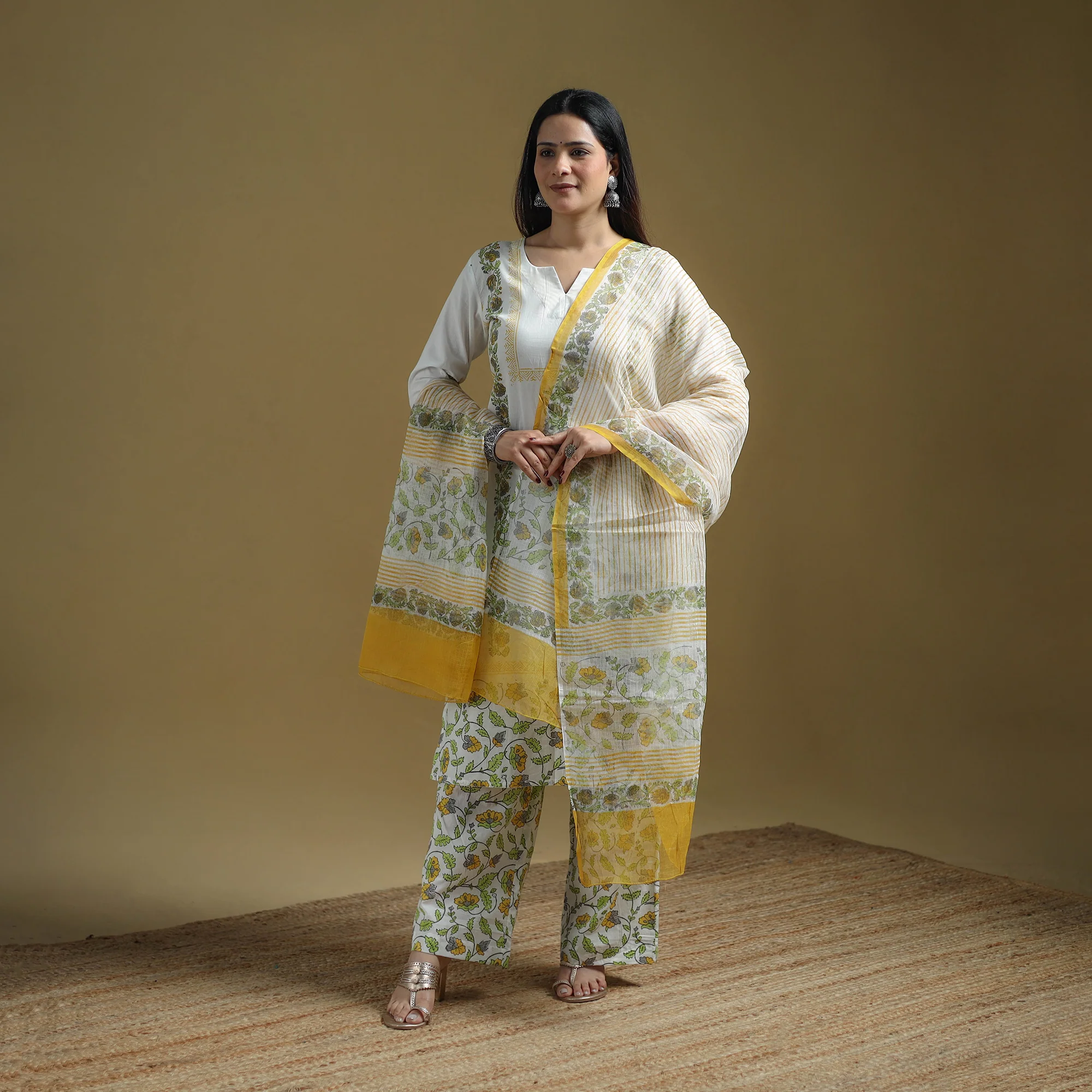 Yellow - Sanganeri Hand Block Print Cotton Suit Set with Dupatta for women 15