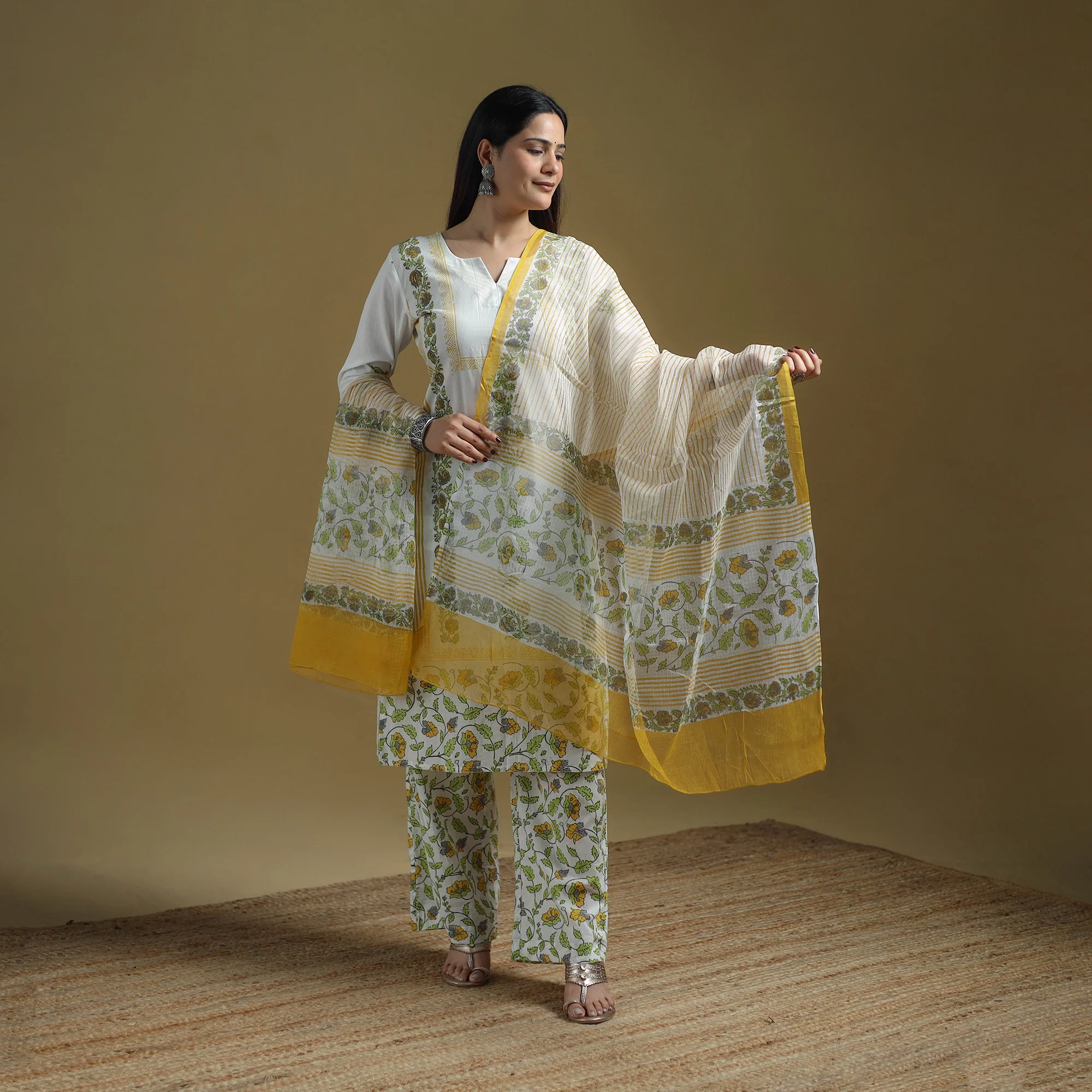 Yellow - Sanganeri Hand Block Print Cotton Suit Set with Dupatta for women 15 - Image 2