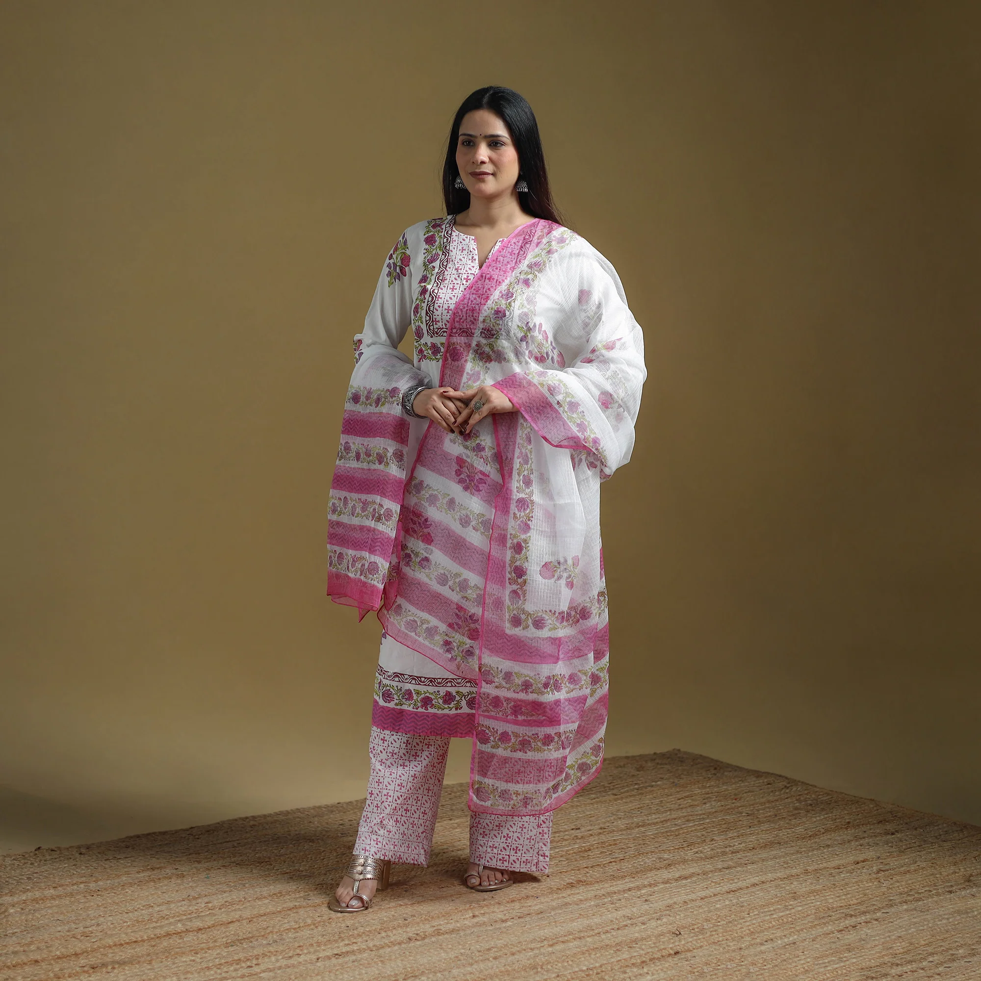 Pink - Sanganeri Hand Block Print Cotton Suit Set with Dupatta for women 17