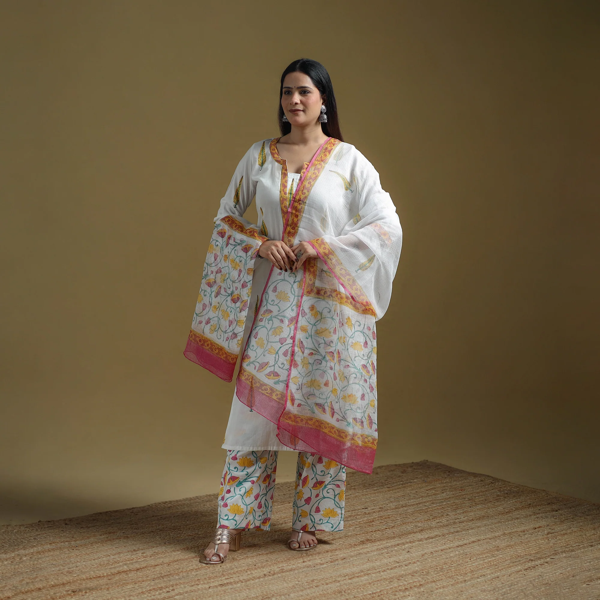White - Sanganeri Hand Block Print Cotton Suit Set with Dupatta for women 18