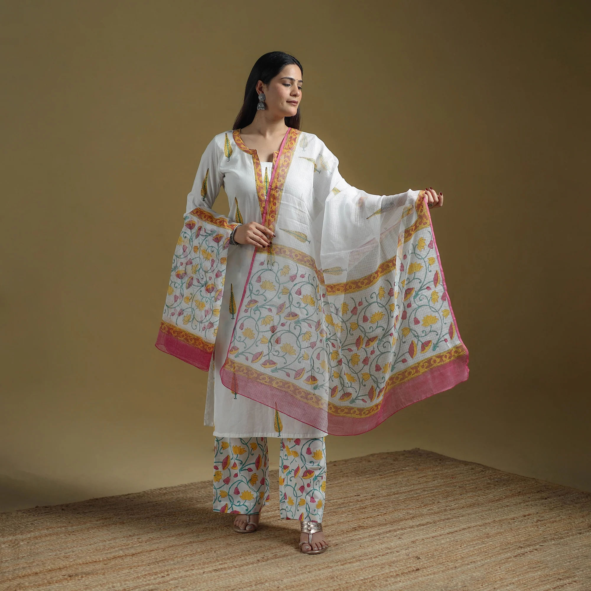 White - Sanganeri Hand Block Print Cotton Suit Set with Dupatta for women 18 - Image 2