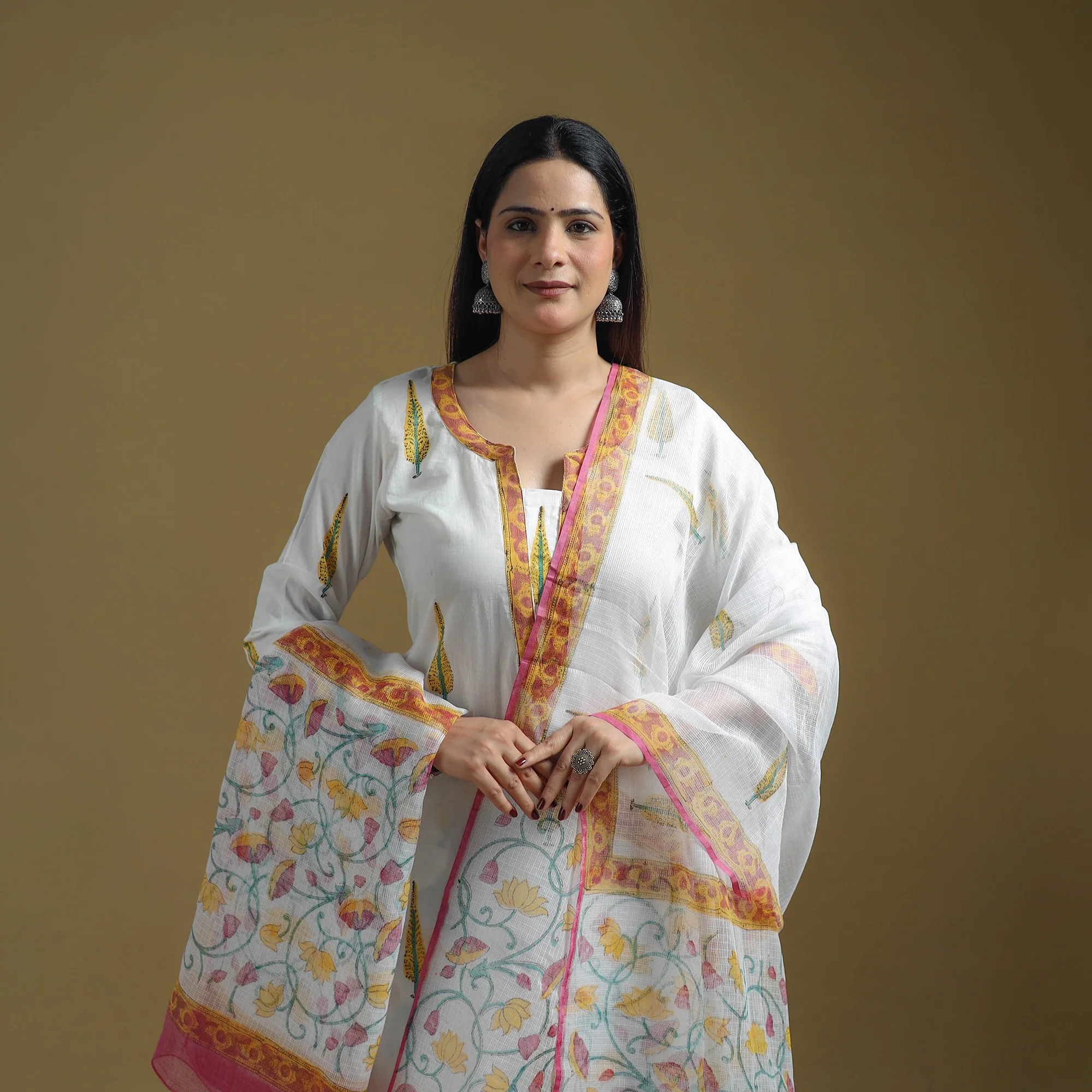 White - Sanganeri Hand Block Print Cotton Suit Set with Dupatta for women 18 - Image 3