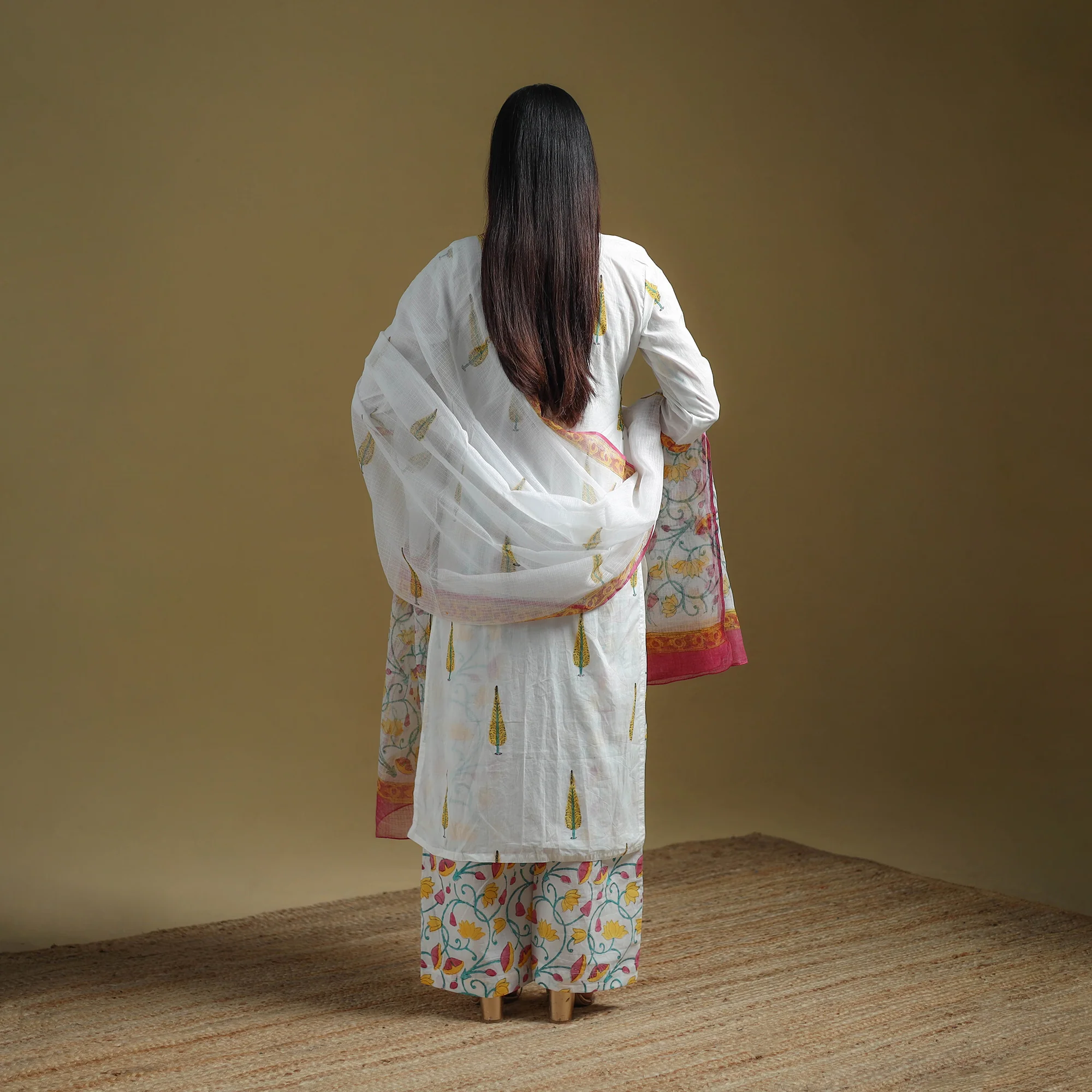 White - Sanganeri Hand Block Print Cotton Suit Set with Dupatta for women 18 - Image 4