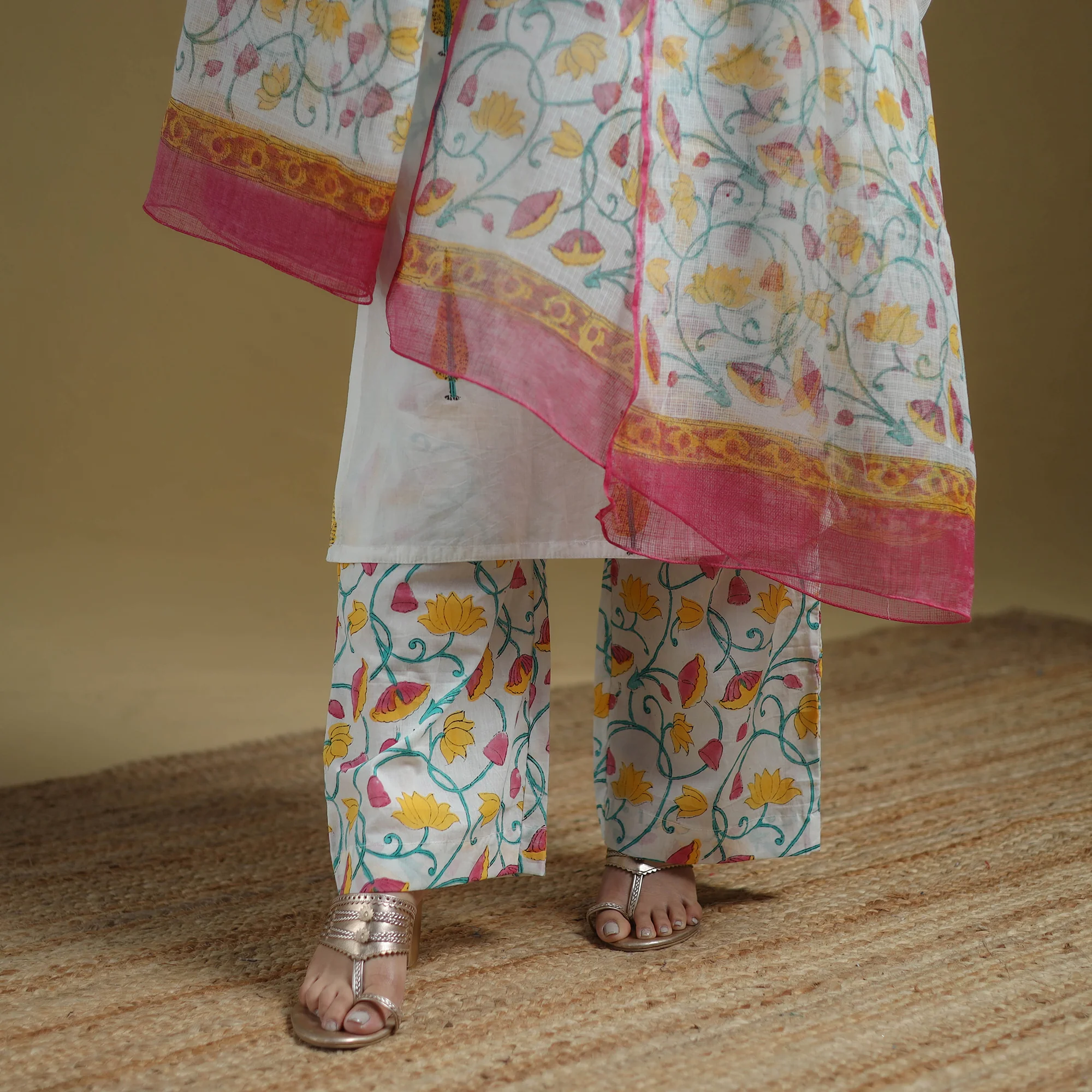 White - Sanganeri Hand Block Print Cotton Suit Set with Dupatta for women 18 - Image 5