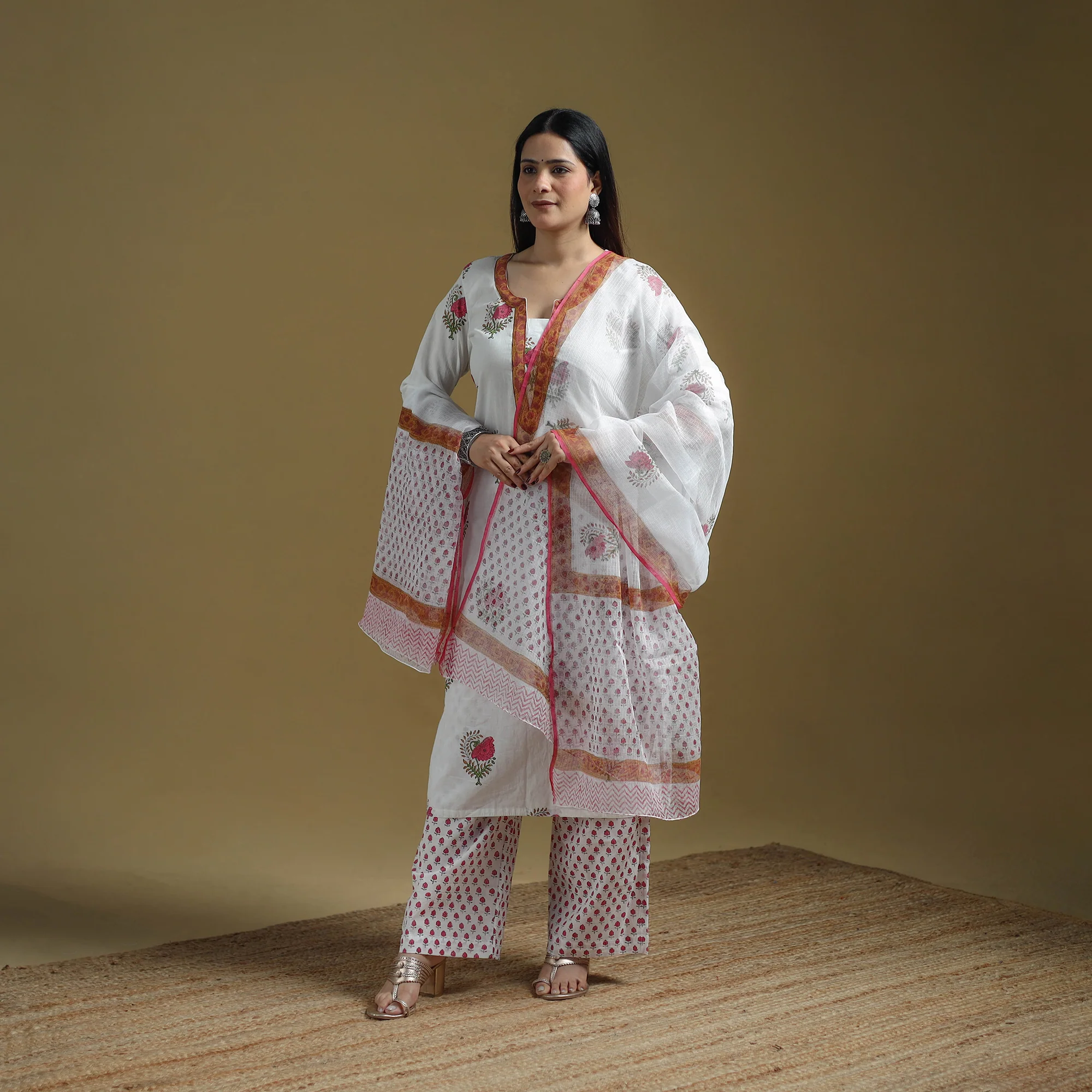 White - Sanganeri Hand Block Print Cotton Suit Set with Dupatta for women 21