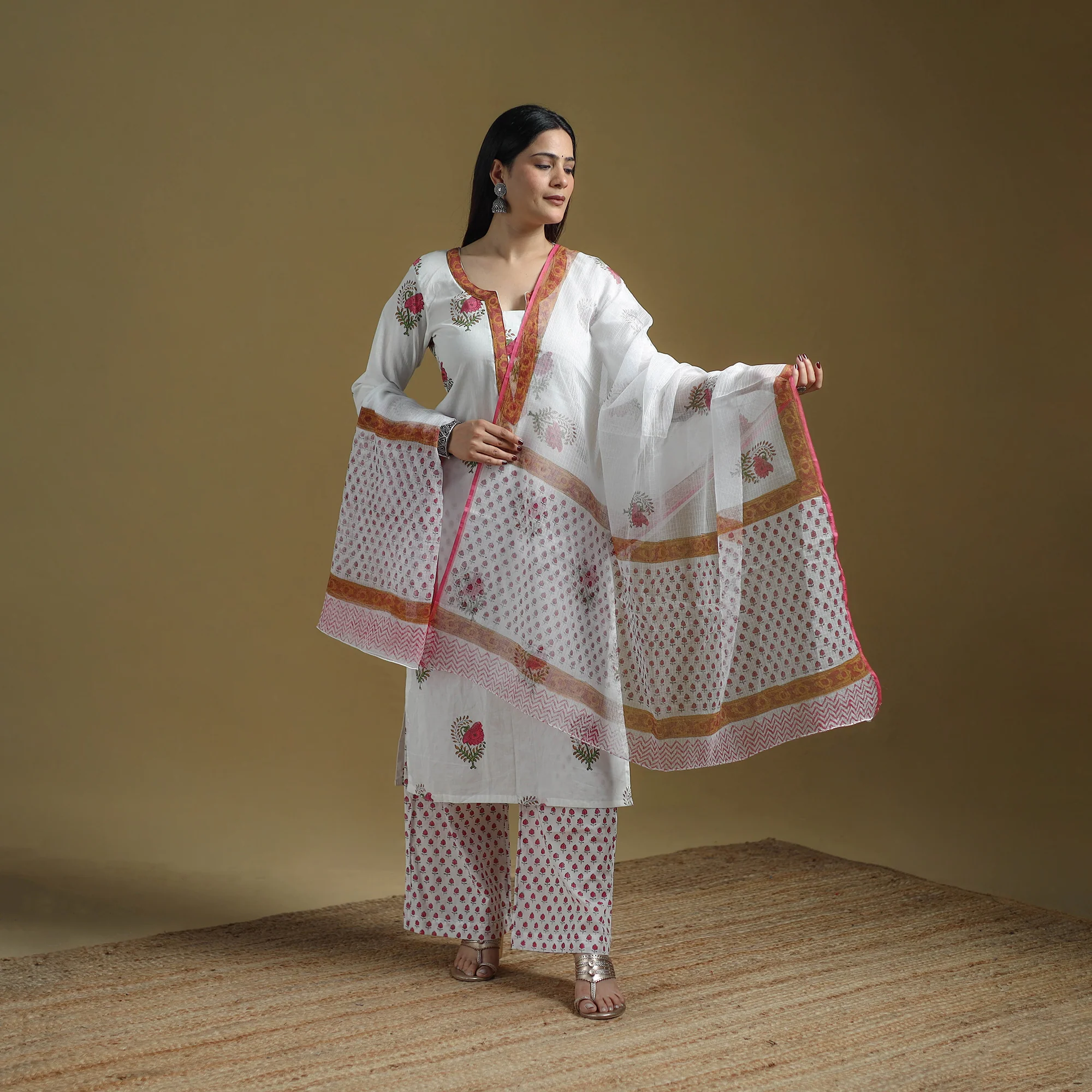 White - Sanganeri Hand Block Print Cotton Suit Set with Dupatta for women 21 - Image 2