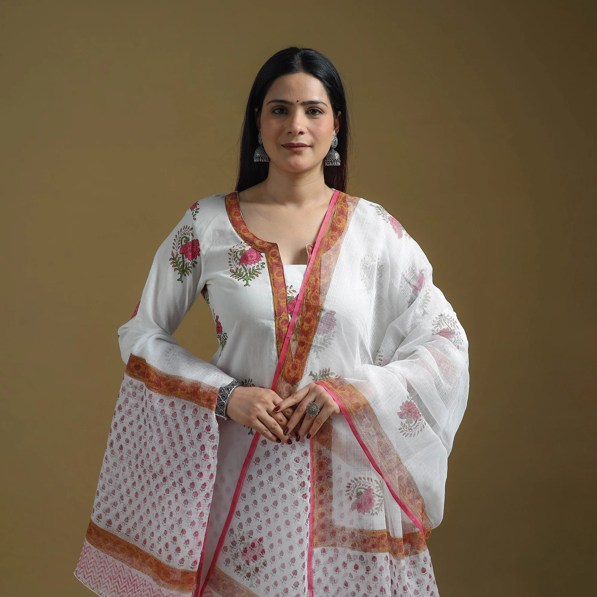 White - Sanganeri Hand Block Print Cotton Suit Set with Dupatta for women 21 - Image 3