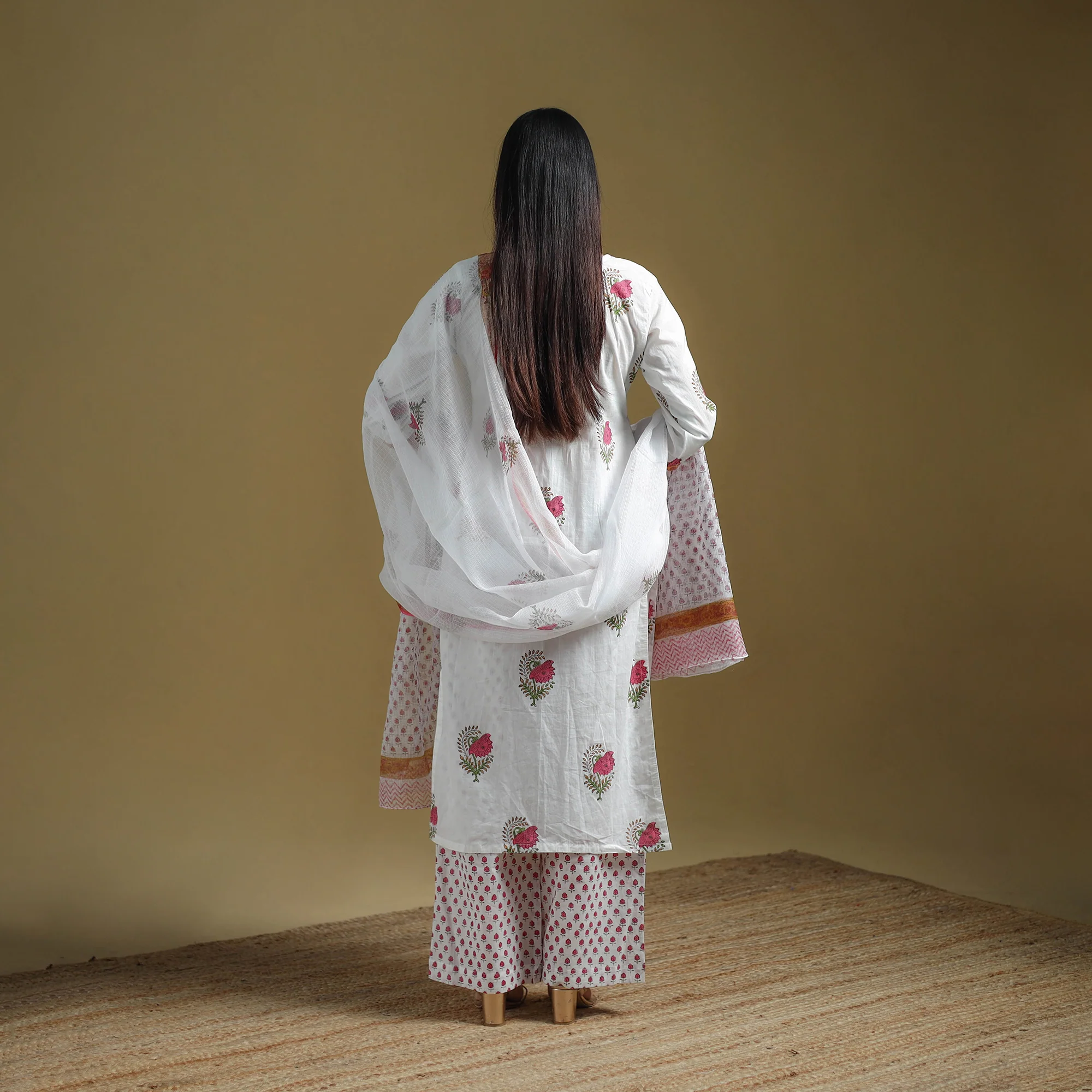 White - Sanganeri Hand Block Print Cotton Suit Set with Dupatta for women 21 - Image 4
