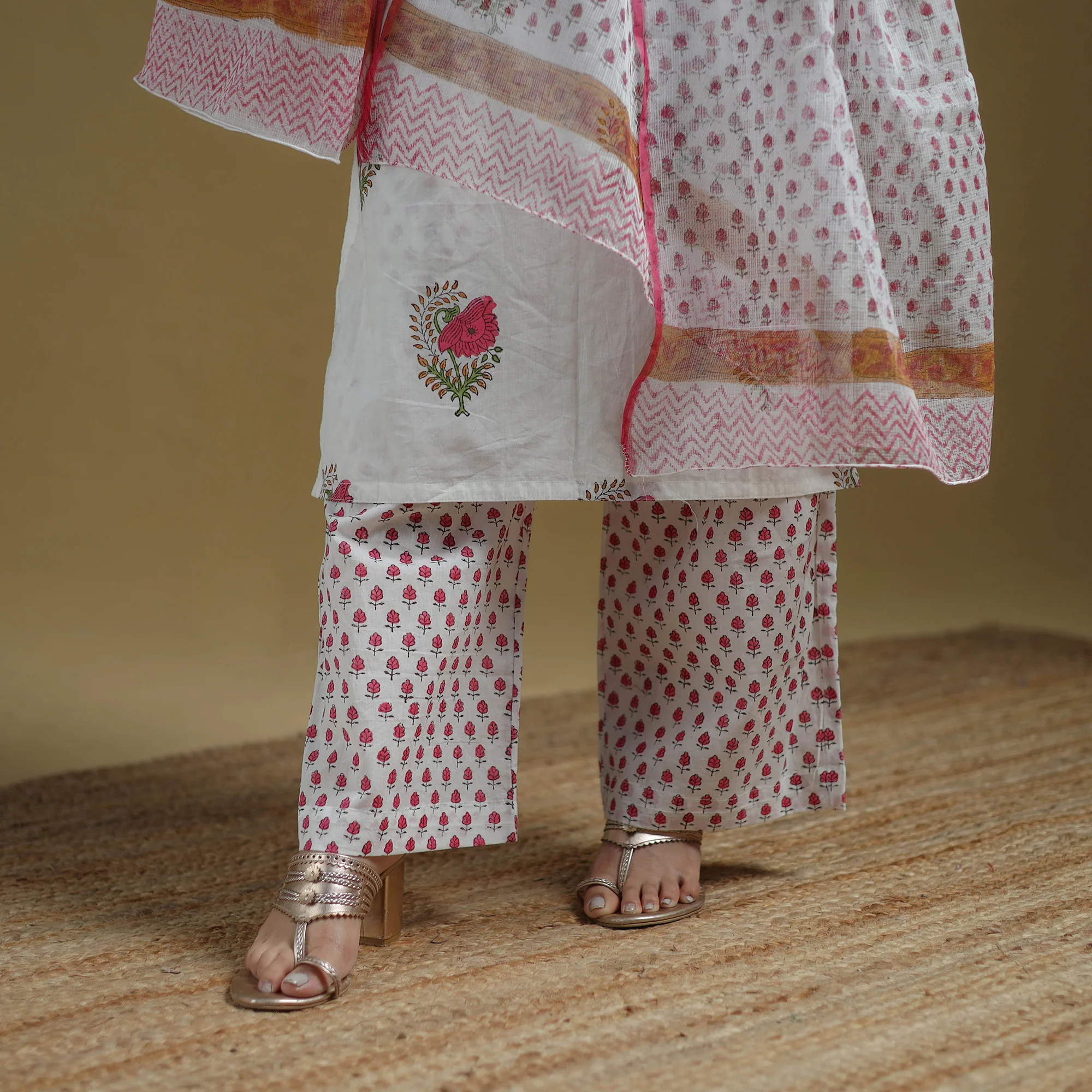 White - Sanganeri Hand Block Print Cotton Suit Set with Dupatta for women 21 - Image 5