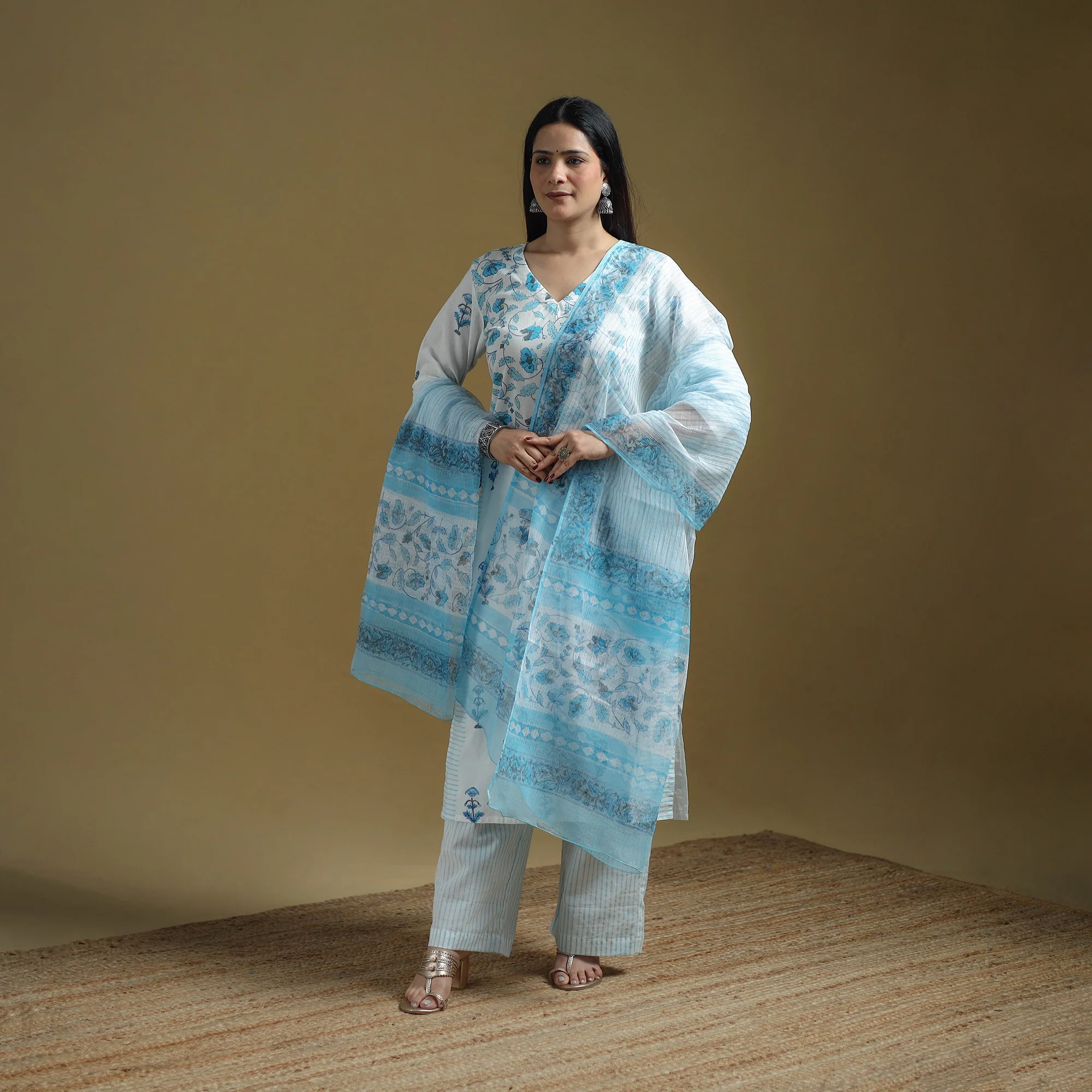 Blue - Sanganeri Hand Block Print Cotton Suit Set with Dupatta for women 23