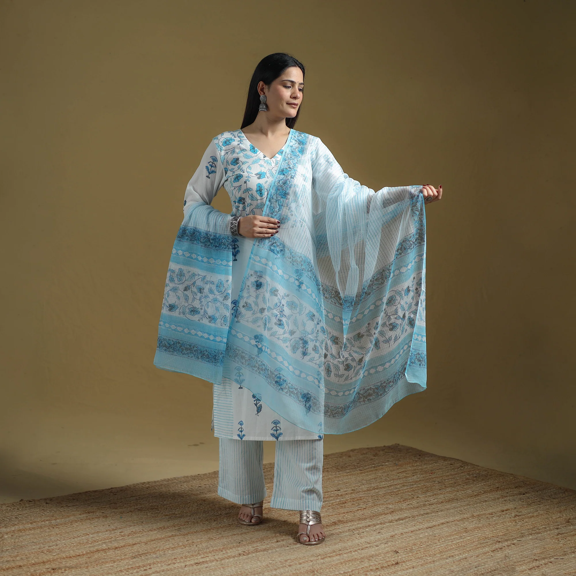 Blue - Sanganeri Hand Block Print Cotton Suit Set with Dupatta for women 23 - Image 2