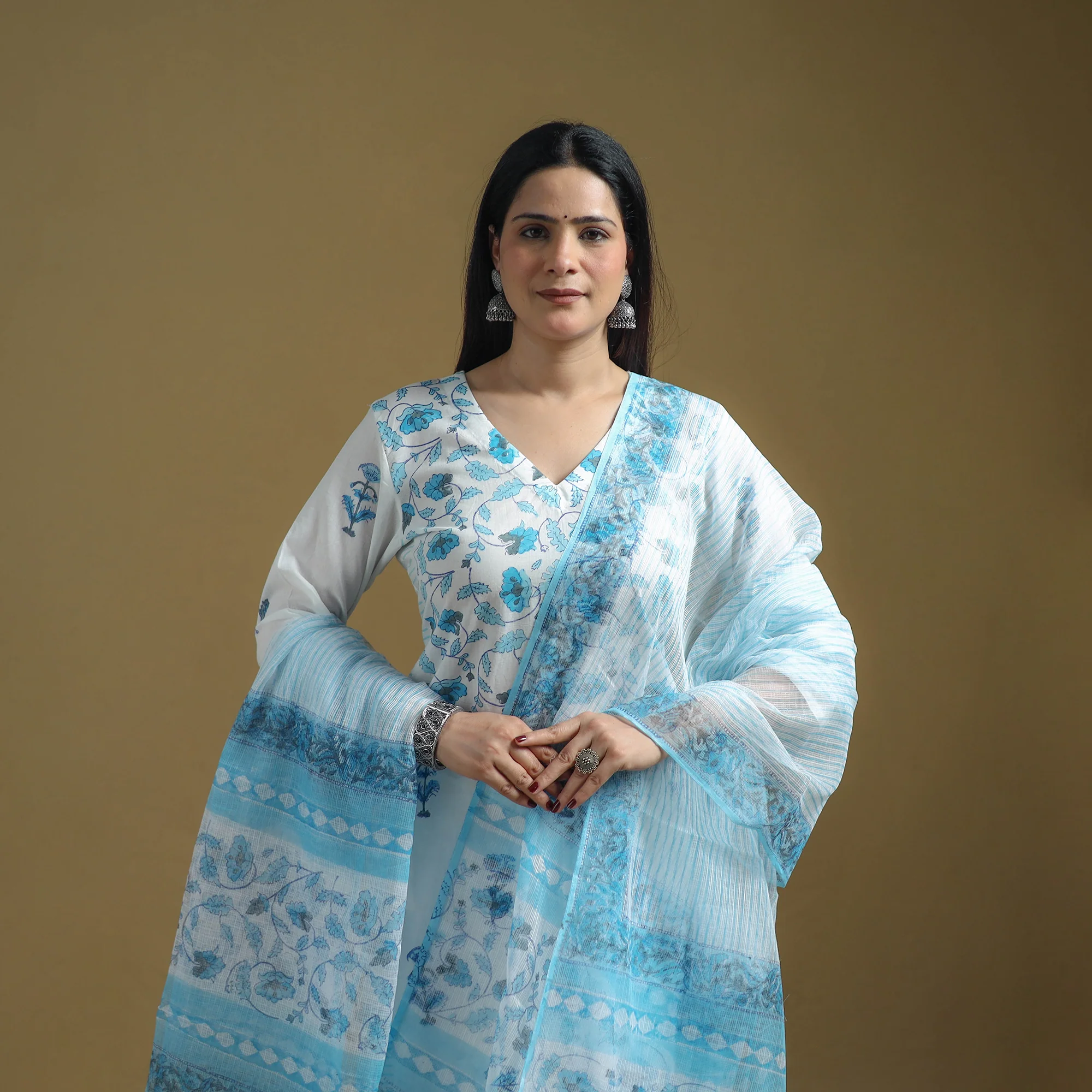 Blue - Sanganeri Hand Block Print Cotton Suit Set with Dupatta for women 23 - Image 3
