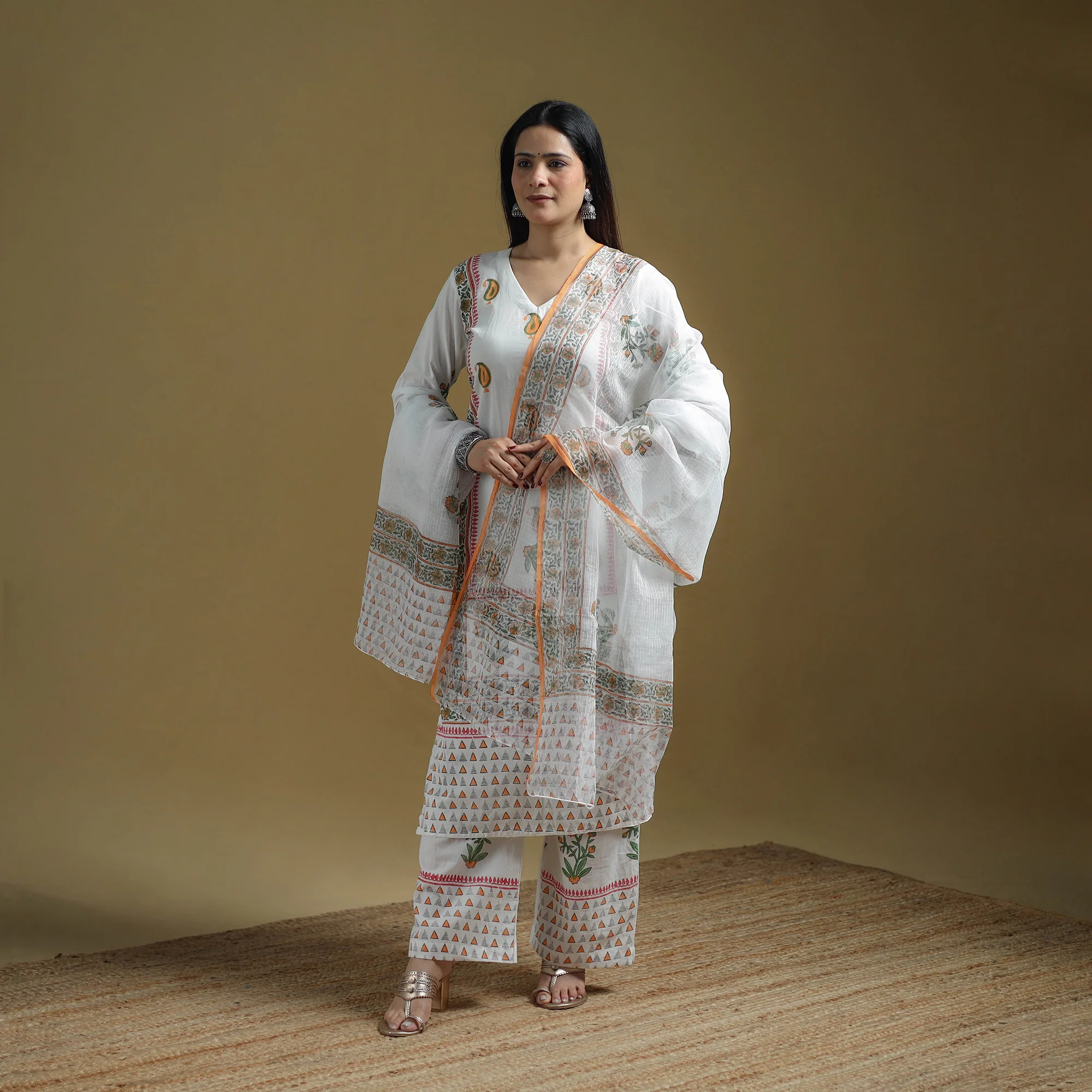 White - Sanganeri Hand Block Print Cotton Suit Set with Dupatta for women 24