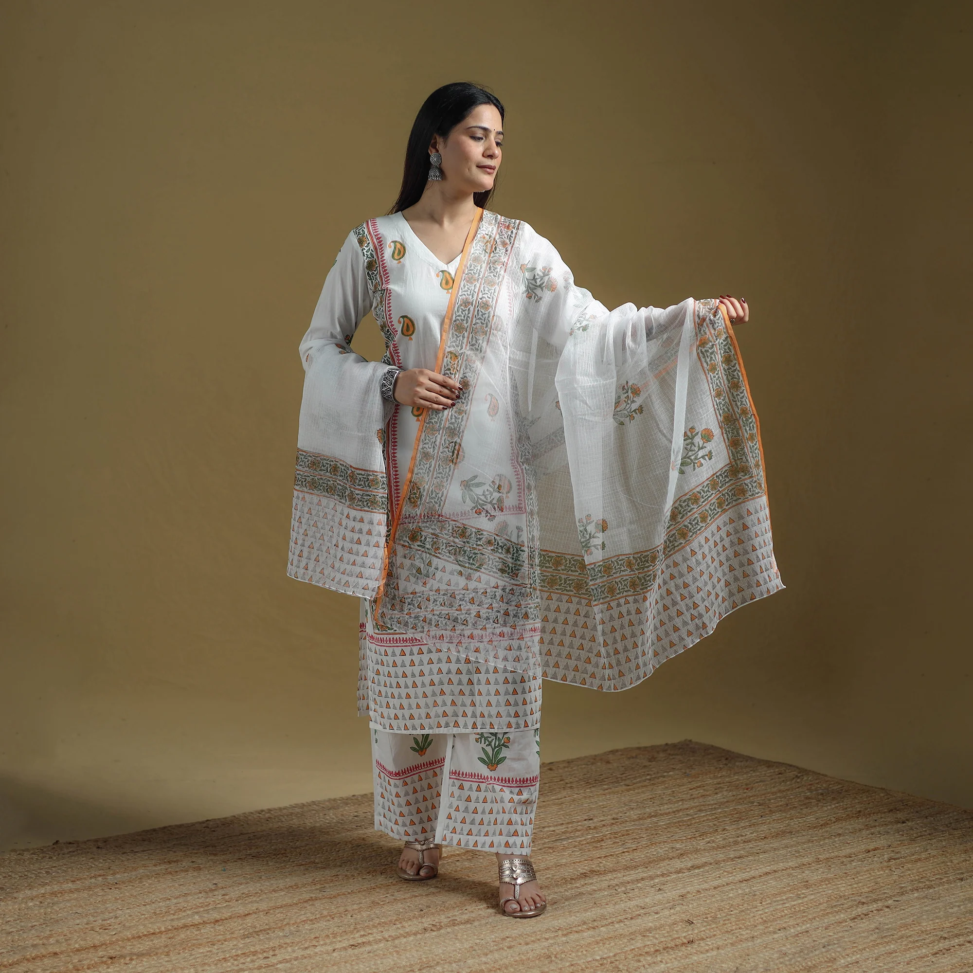 White - Sanganeri Hand Block Print Cotton Suit Set with Dupatta for women 24 - Image 2