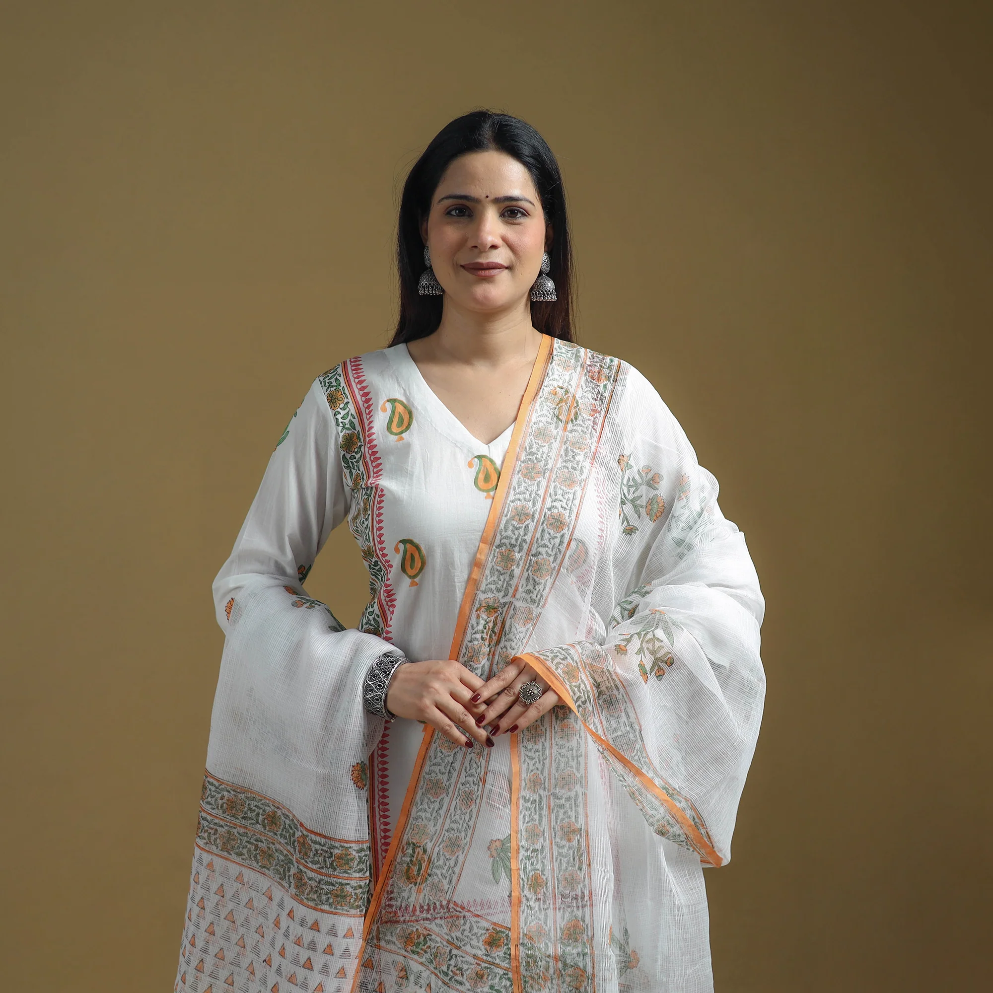 White - Sanganeri Hand Block Print Cotton Suit Set with Dupatta for women 24 - Image 3