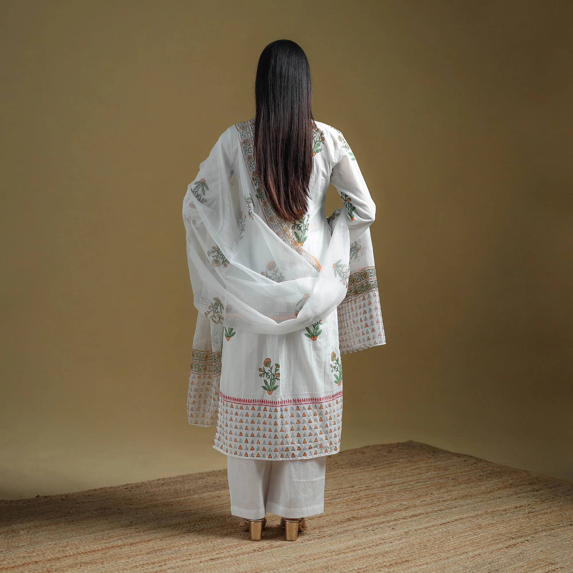 White - Sanganeri Hand Block Print Cotton Suit Set with Dupatta for women 24 - Image 4