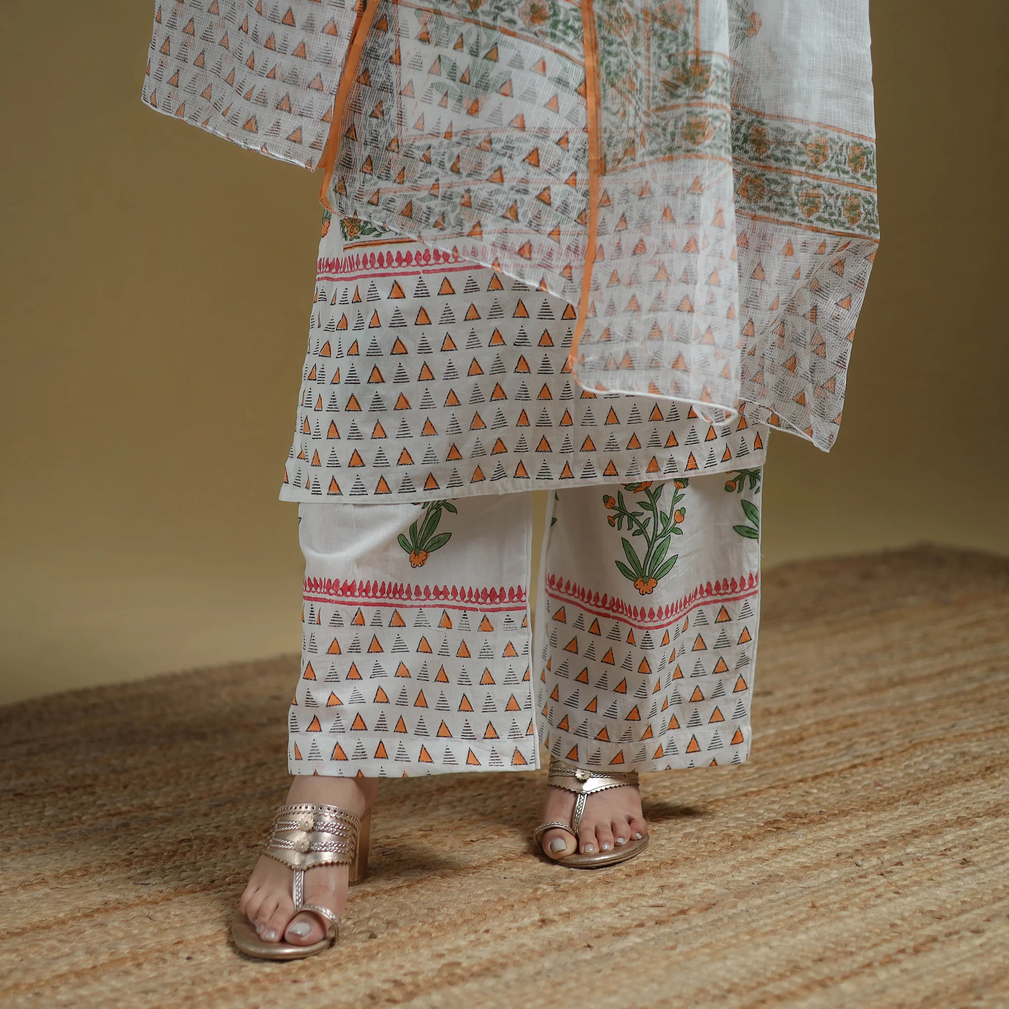 White - Sanganeri Hand Block Print Cotton Suit Set with Dupatta for women 24 - Image 5