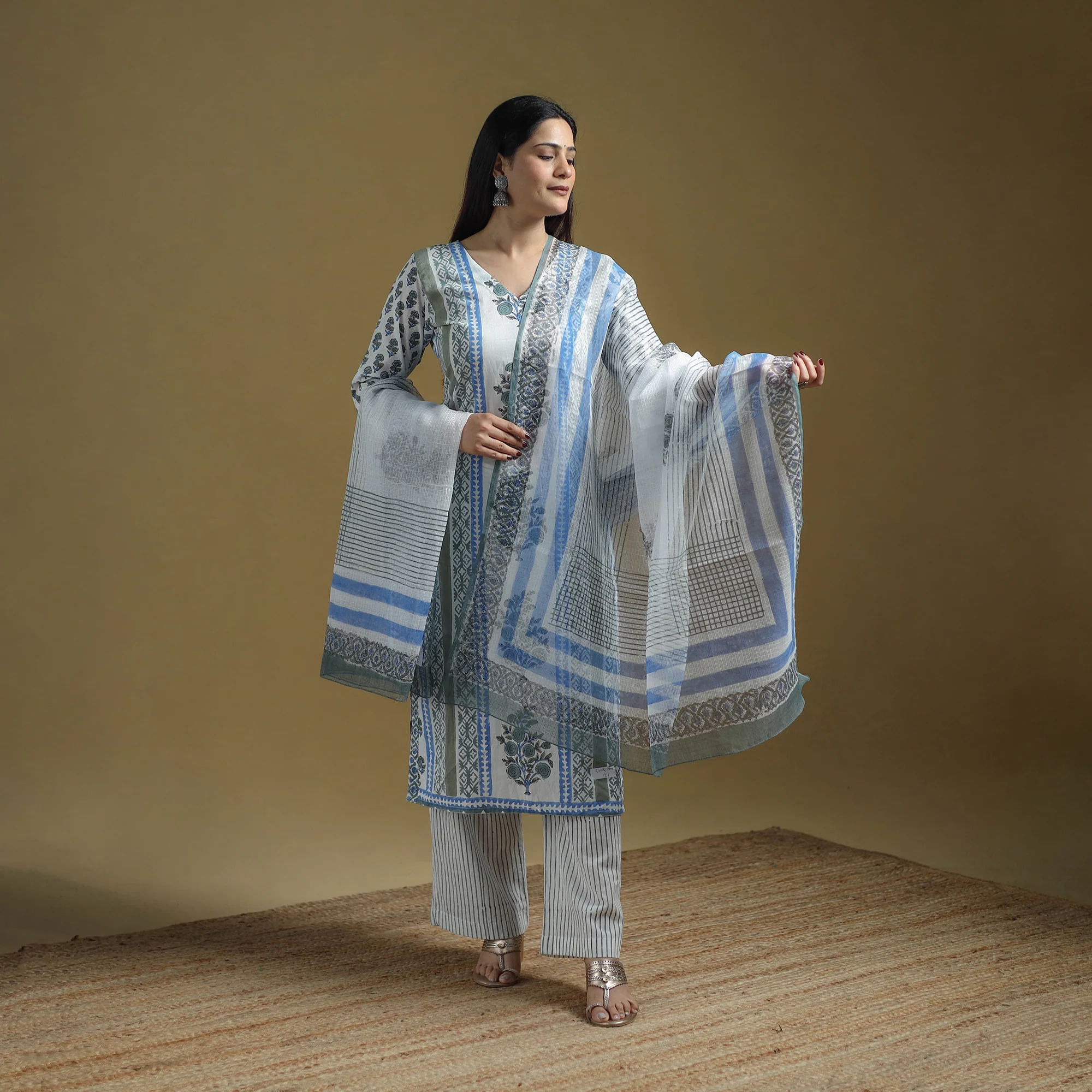 Blue - Sanganeri Hand Block Print Cotton Suit Set with Dupatta for women 25 - Image 2