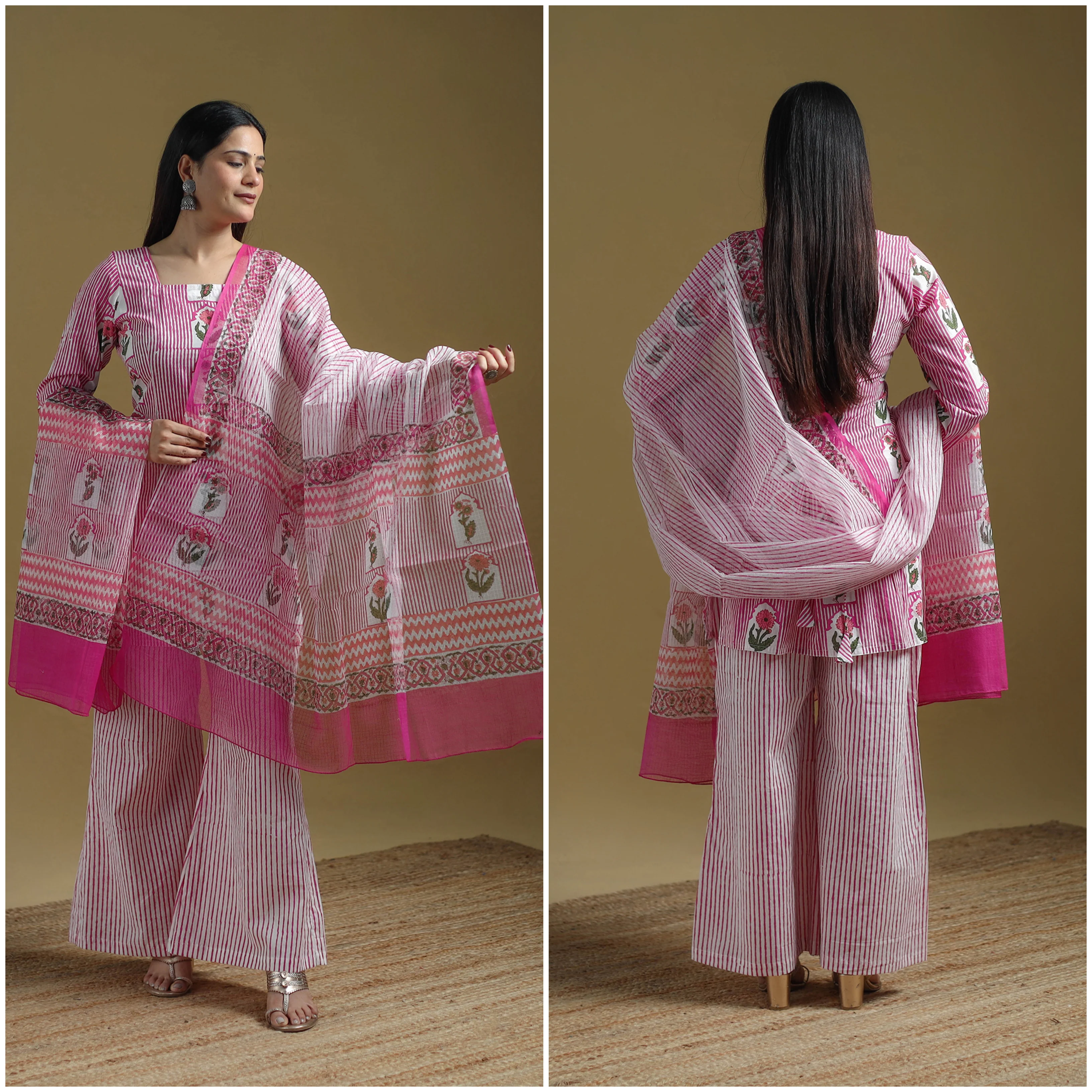Pink - Sanganeri Hand Block Print Cotton Suit Set with Dupatta for women 26 - Image 3