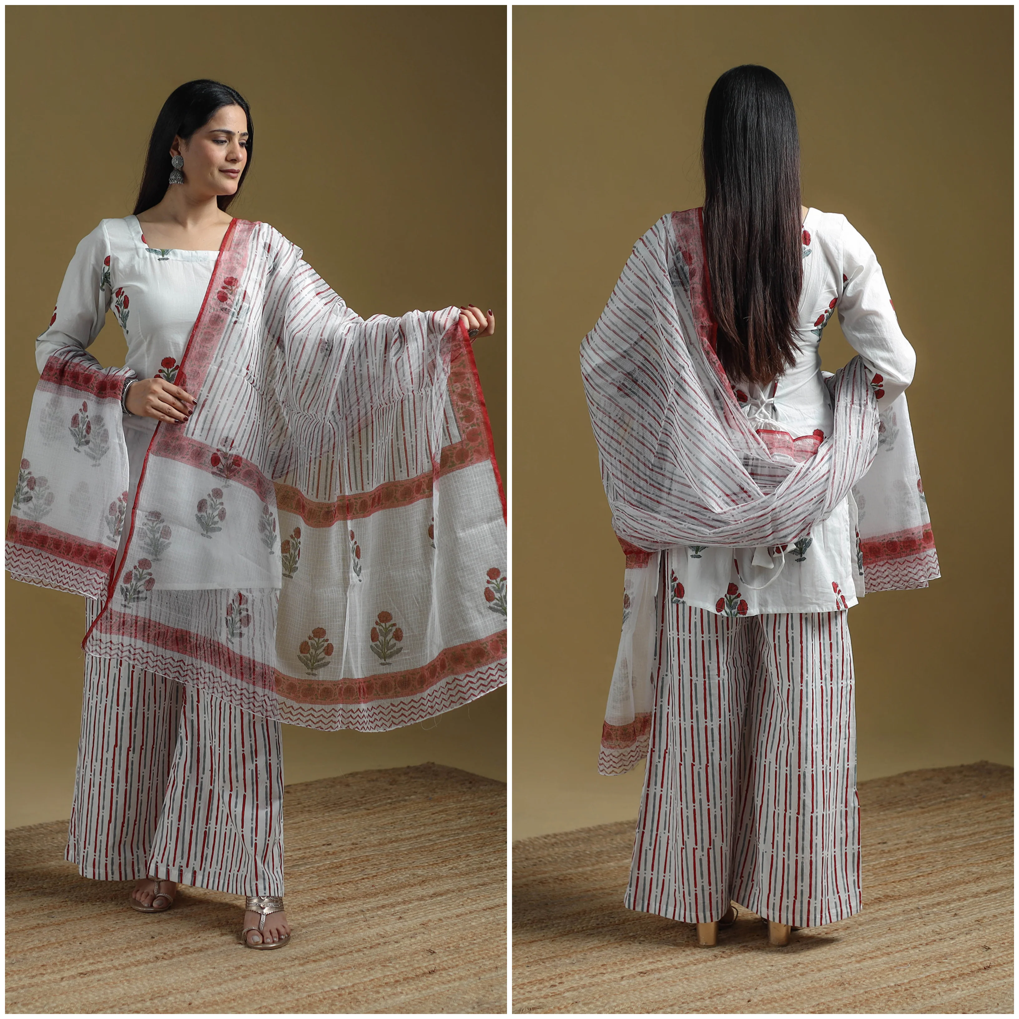 White - Sanganeri Hand Block Print Cotton Suit Set with Dupatta for women 27 - Image 3