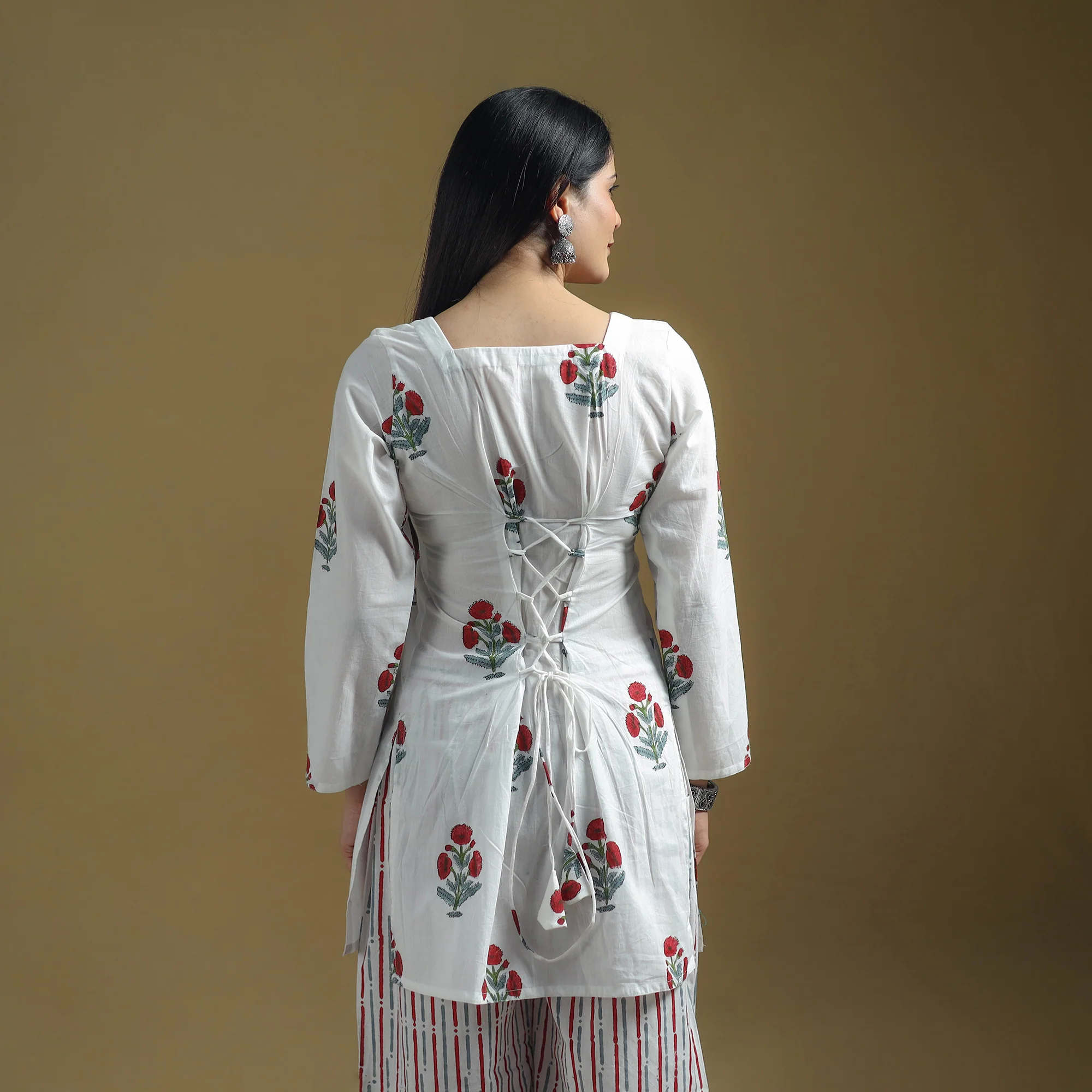 White - Sanganeri Hand Block Print Cotton Suit Set with Dupatta for women 27 - Image 4