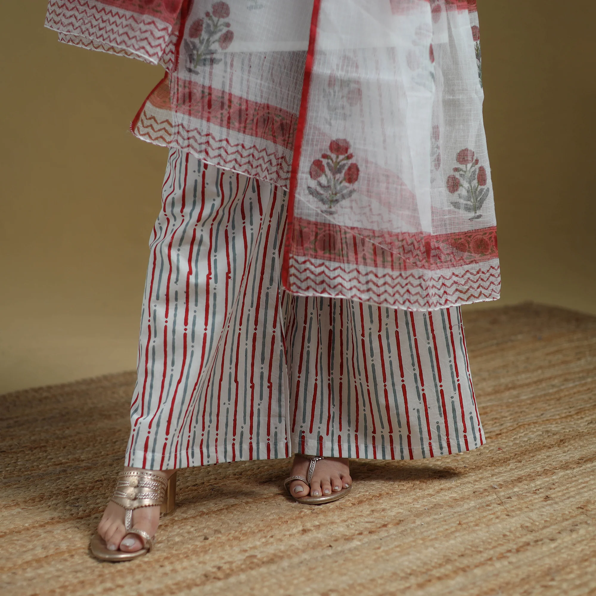 White - Sanganeri Hand Block Print Cotton Suit Set with Dupatta for women 27 - Image 5