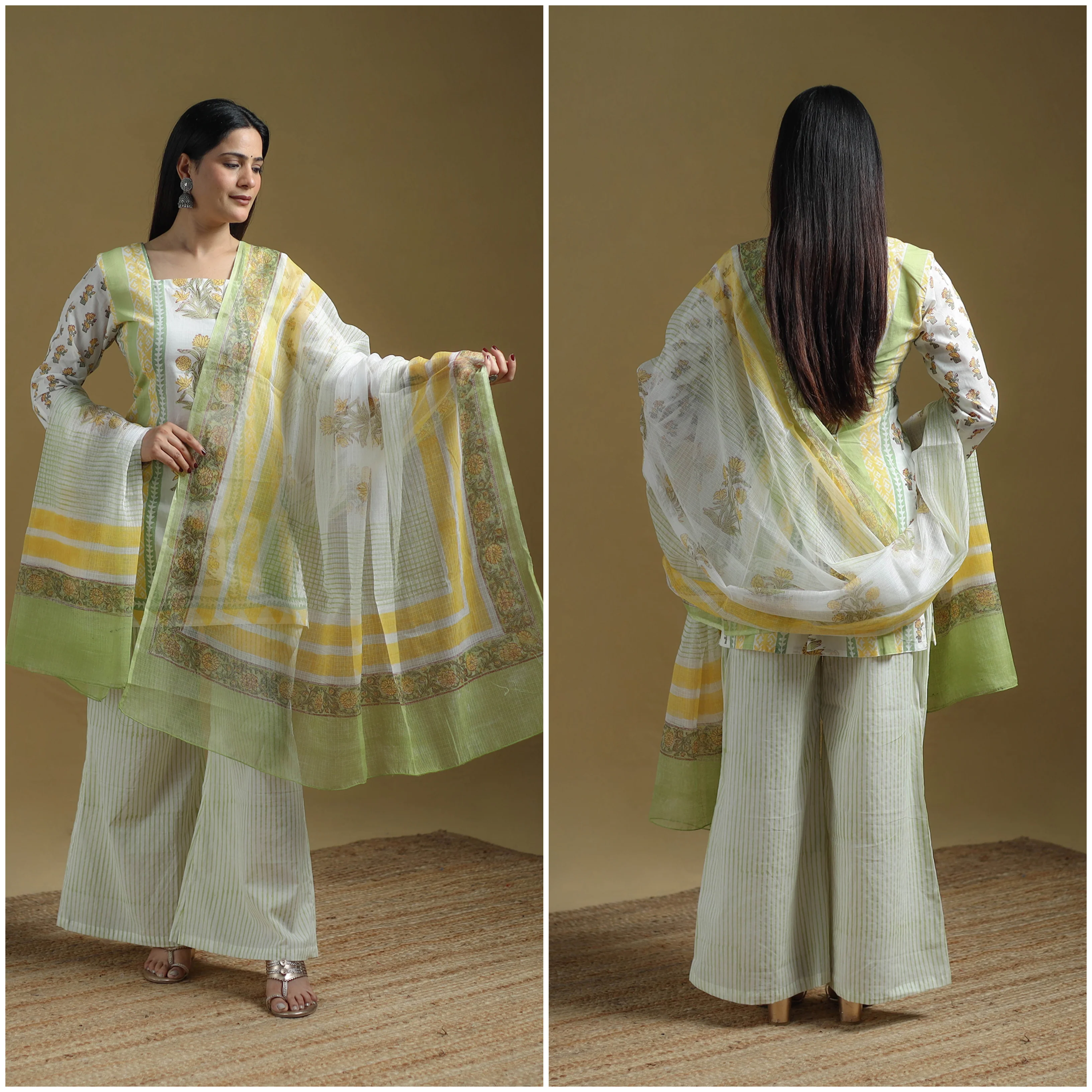 Green - Sanganeri Hand Block Print Cotton Suit Set with Dupatta for women 28 - Image 3