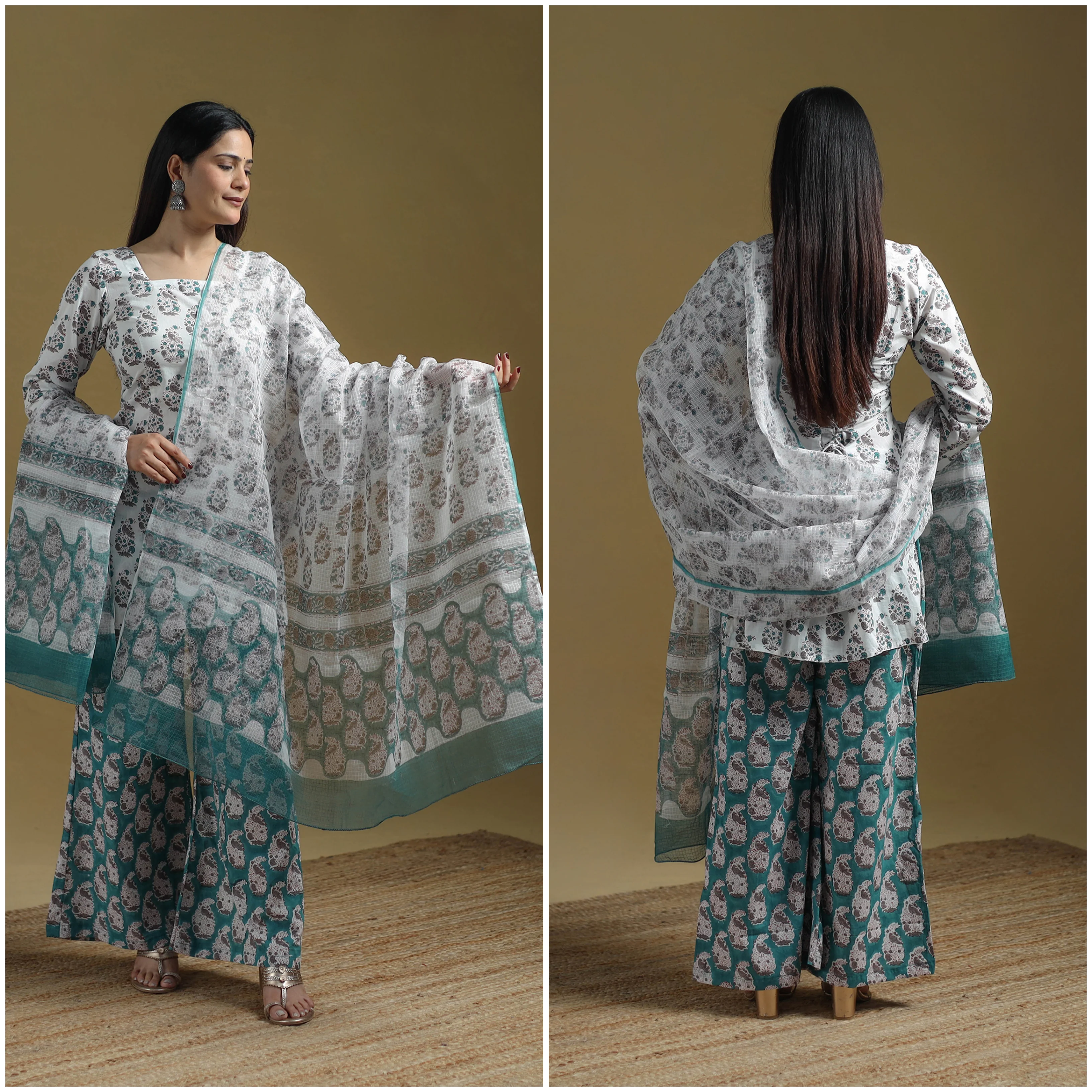 Green - Sanganeri Hand Block Print Cotton Suit Set with Dupatta for women 30 - Image 3