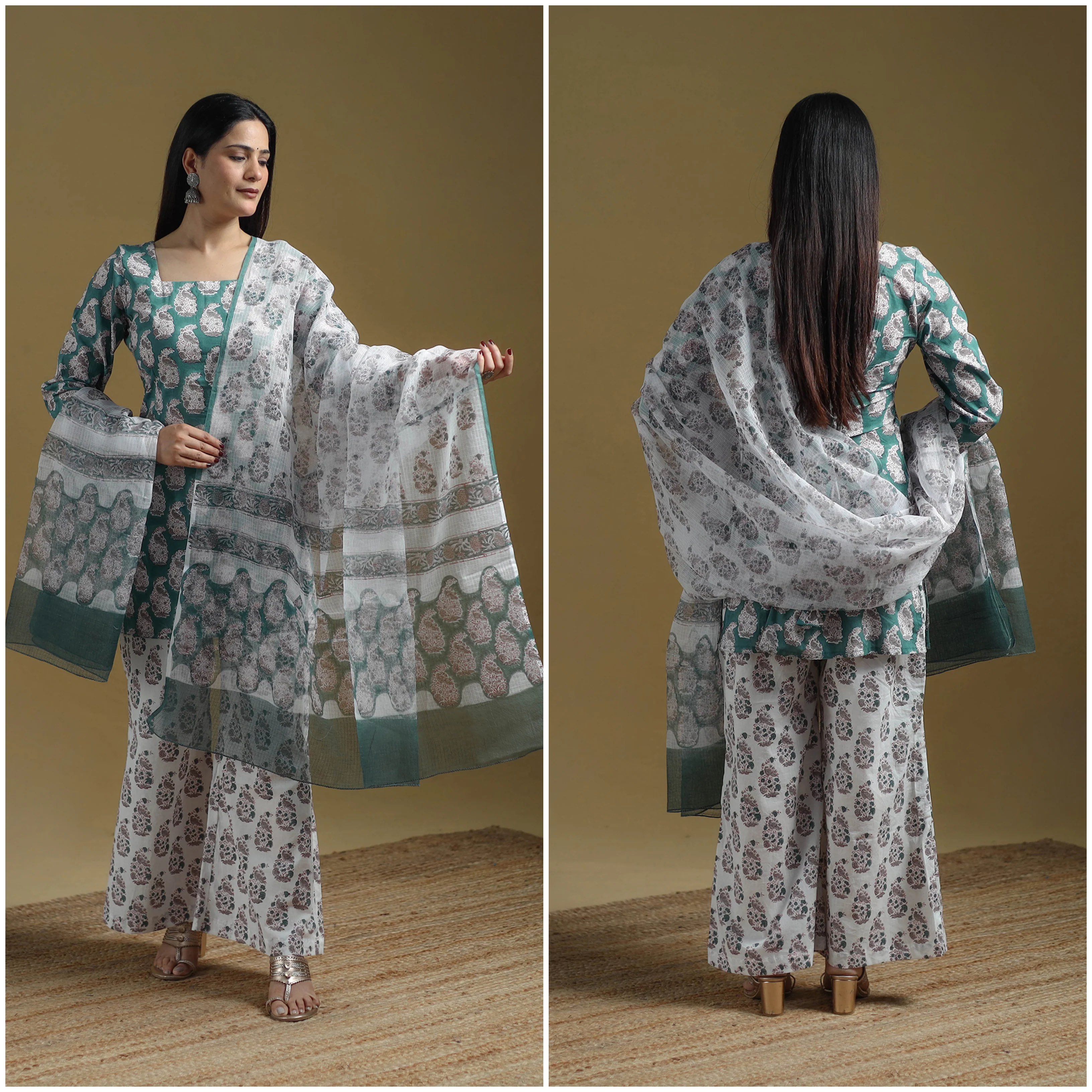 Green - Sanganeri Hand Block Print Cotton Suit Set with Dupatta for women 31 - Image 3