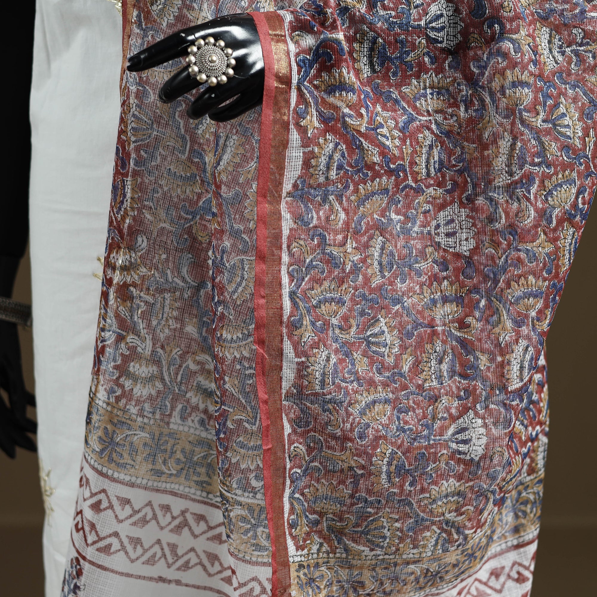 Red - Sanganeri Hand Block Print Kota Doria Cotton Dupatta 16 - Image 3