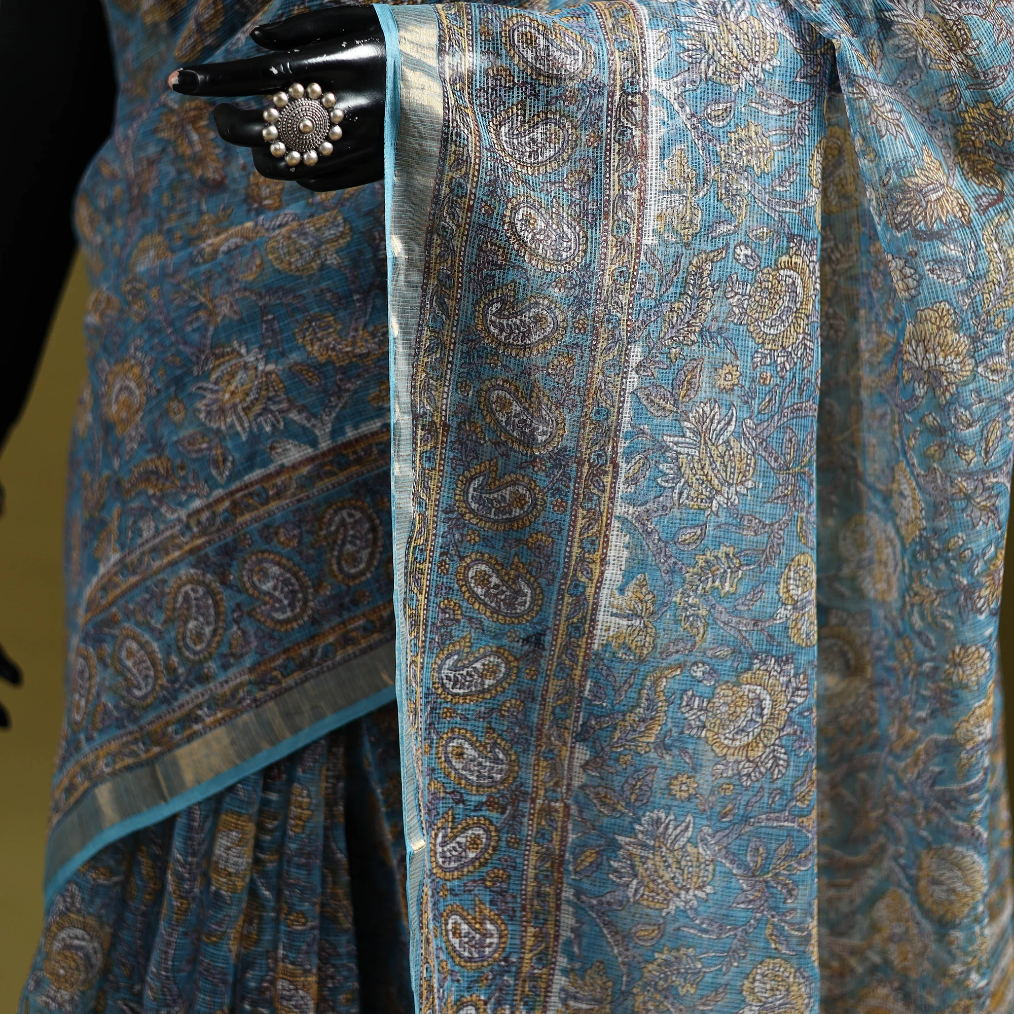 Sanganeri Hand Block Print Kota Doria Cotton Saree 37 - Image 3