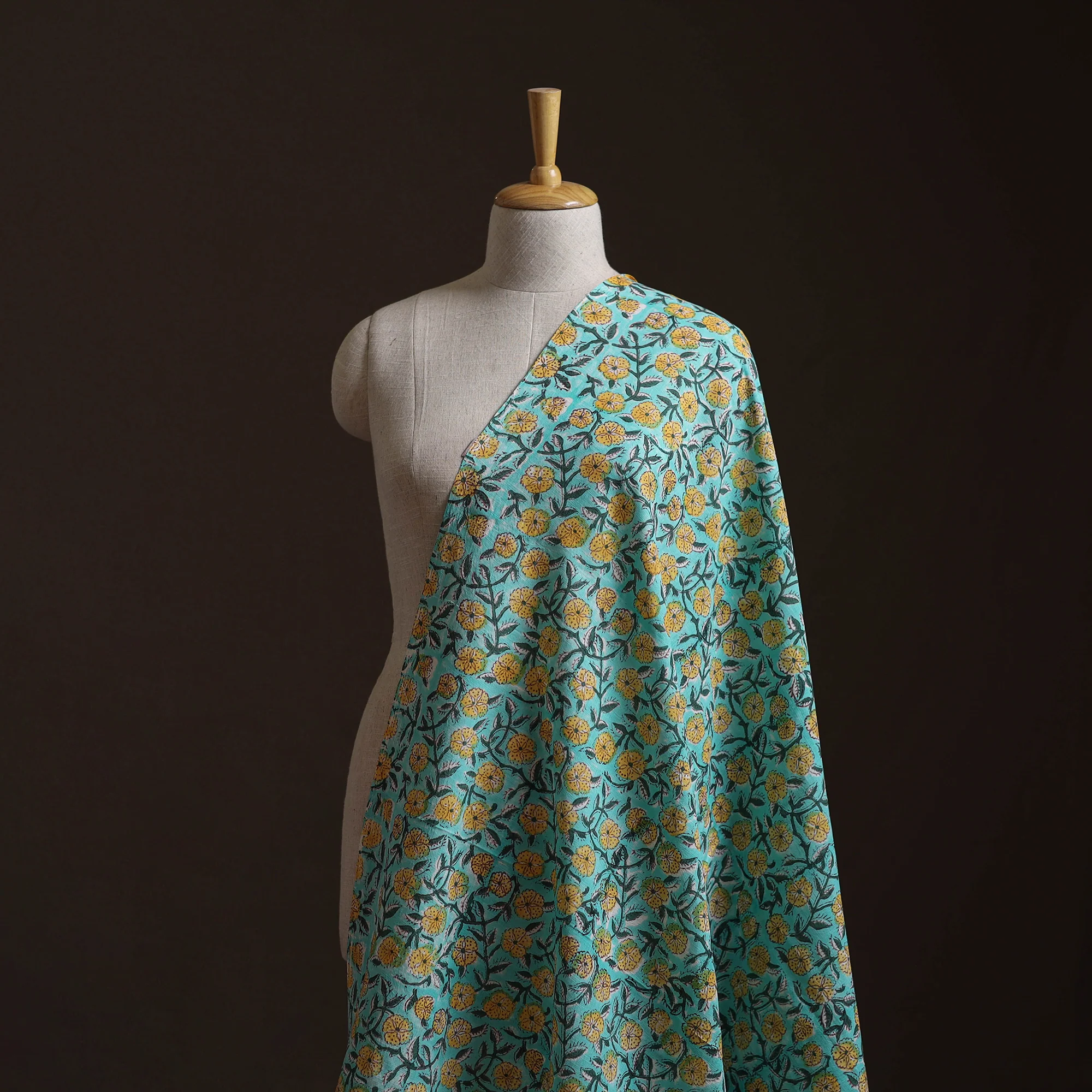 Green - Sanganeri Hand Block Print Mangalagiri Cotton Fabric 01