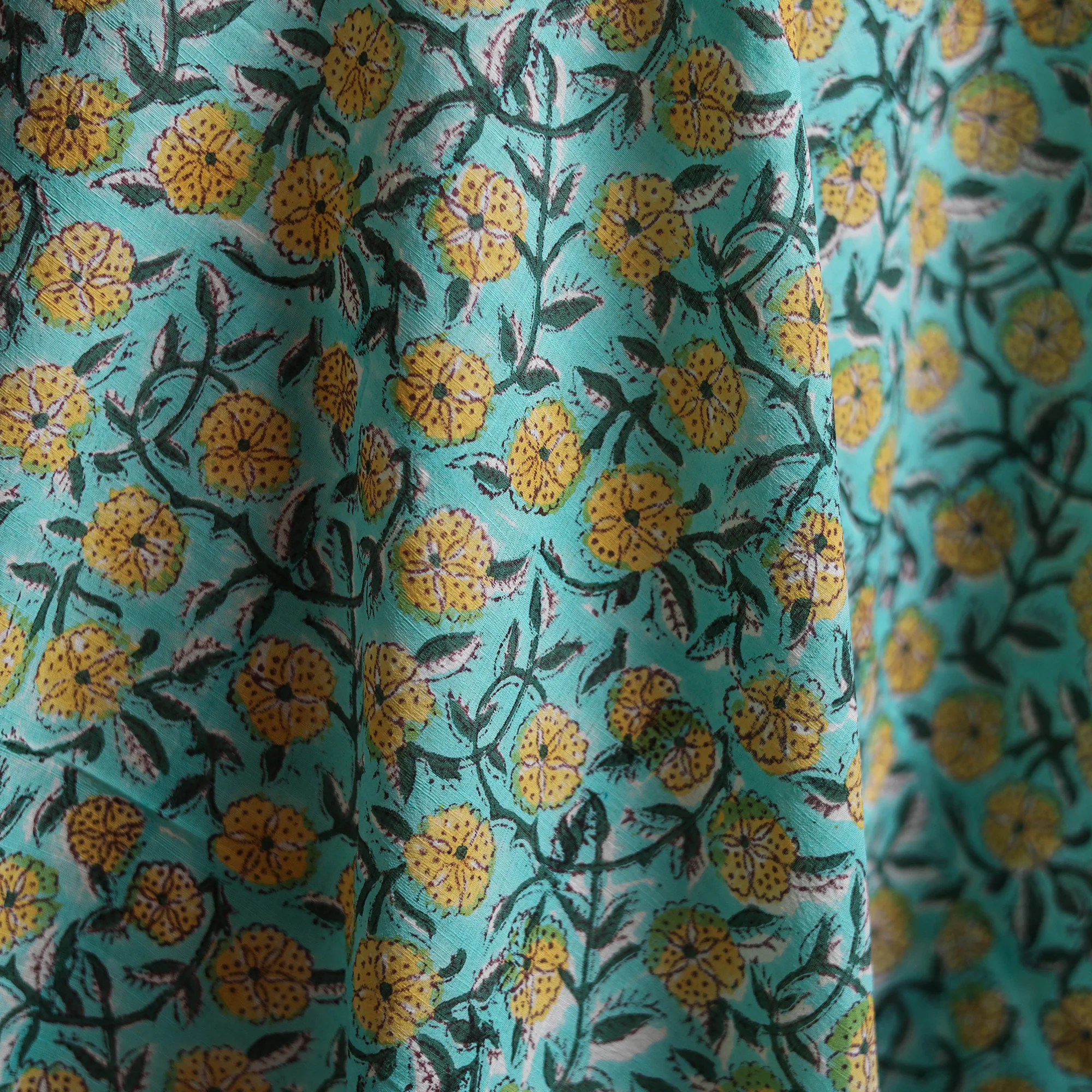 Green - Sanganeri Hand Block Print Mangalagiri Cotton Fabric 01 - Image 3