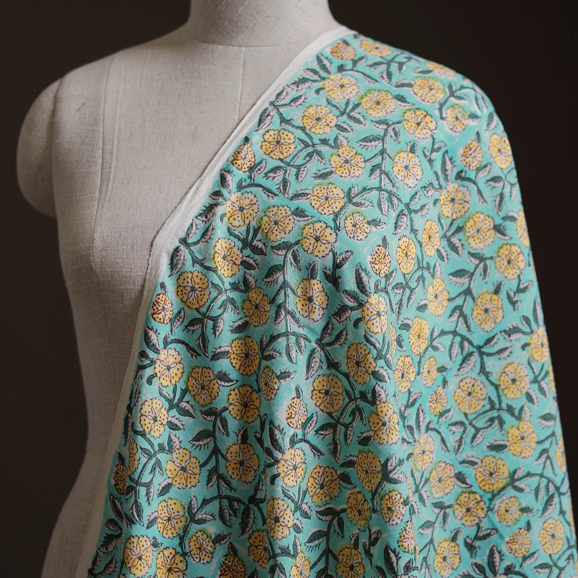 Green - Sanganeri Hand Block Print Mangalagiri Cotton Fabric 07 - Image 2